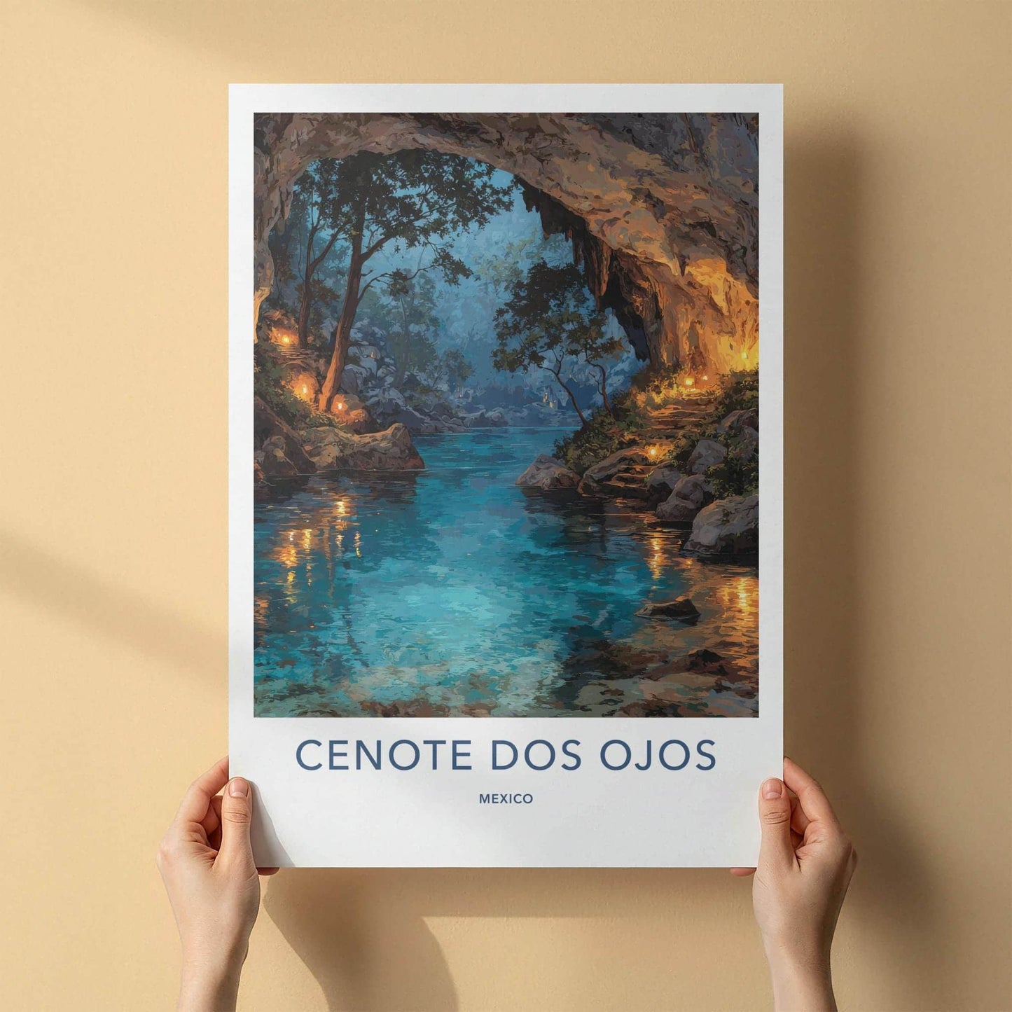 Cenote Dos Ojos Poster - Mexico Travel Art - Ethereal Cave Glow Wall Decor