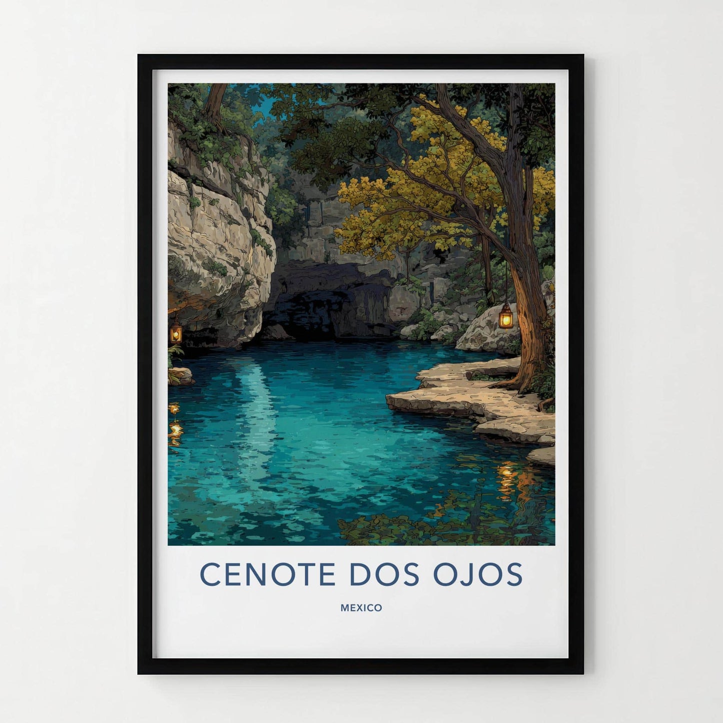 Cenote Dos Ojos Poster - Mexico Travel Art - Glowing Lantern Grotto Home Decor