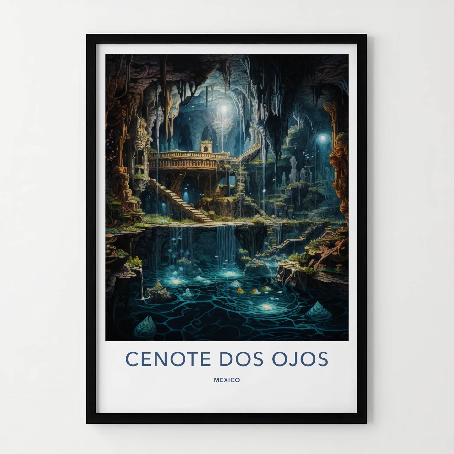 Cenote Dos Ojos Poster - Mexico Travel Art - Luminescent Cave Structures Home Decor