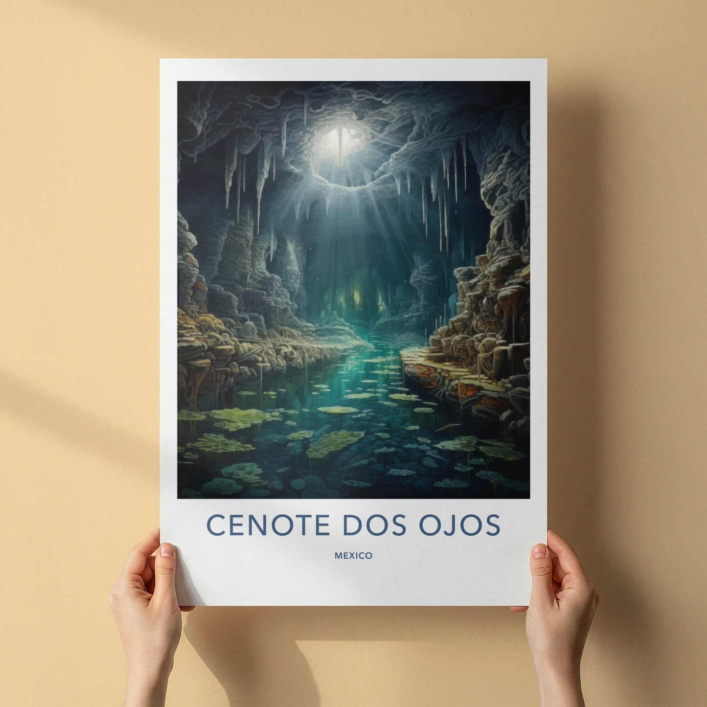Cenote Dos Ojos Poster - Mexico Travel Art - Sunlit Cave Stream Home Decor
