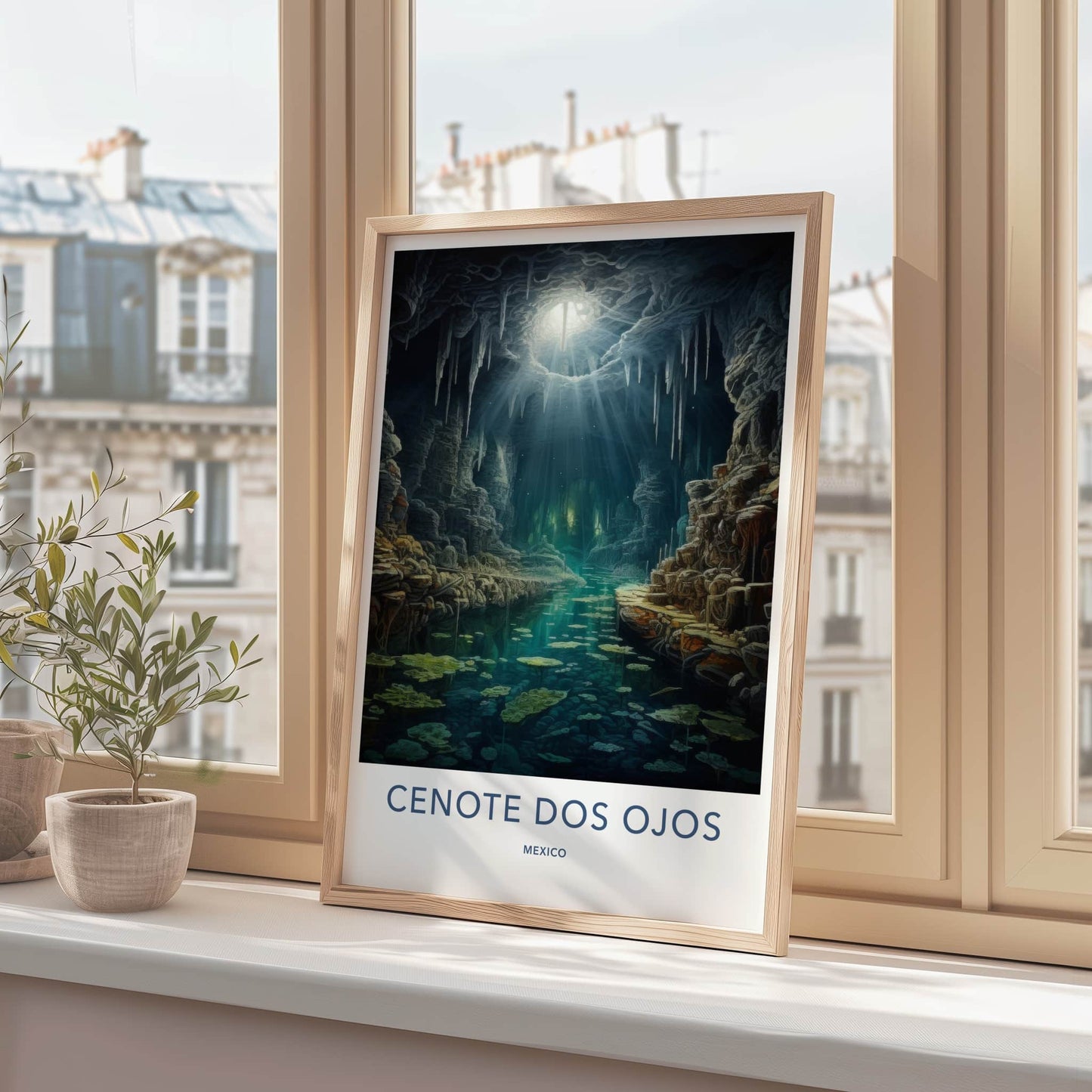 Cenote Dos Ojos Poster - Mexico Travel Art - Sunlit Cave Stream Home Decor