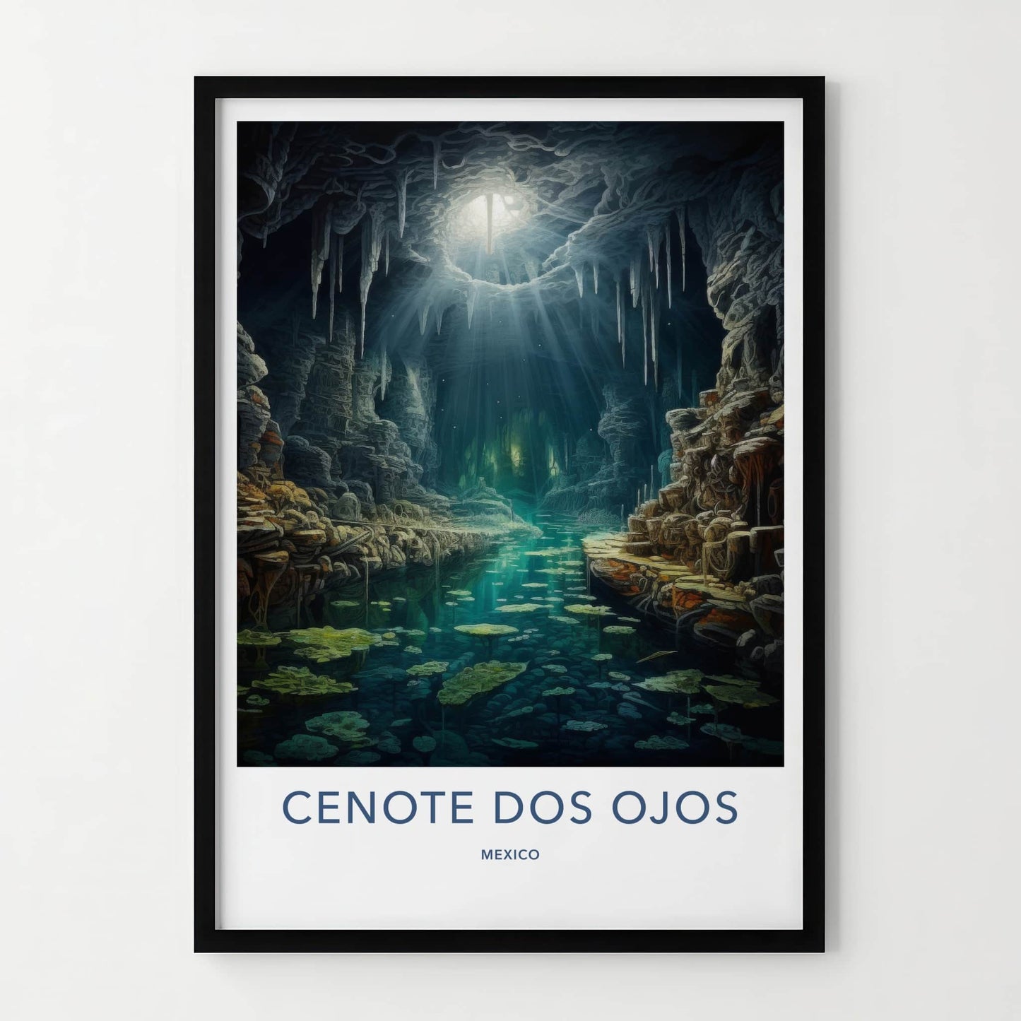 Cenote Dos Ojos Poster - Mexico Travel Art - Sunlit Cave Stream Home Decor