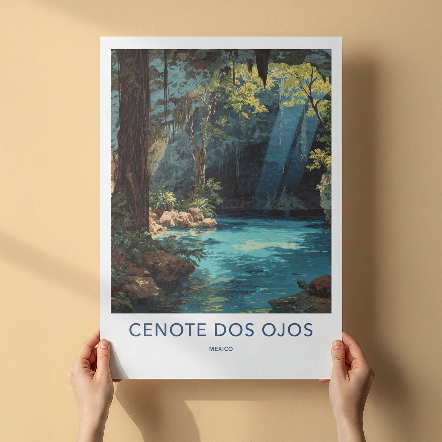 Cenote Dos Ojos Poster - Mexico Travel Print - Mystical Cave Light Framed Decor