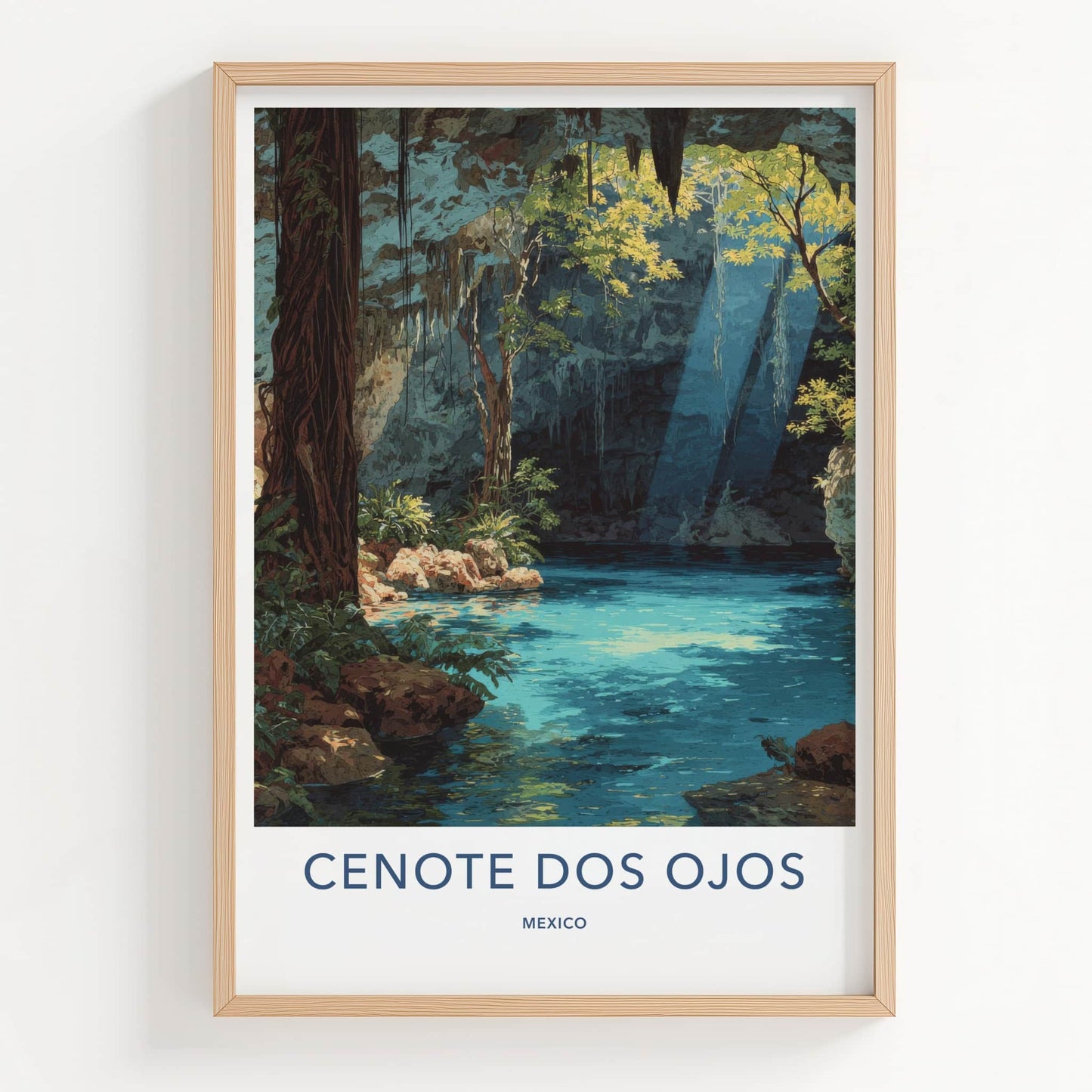 Cenote Dos Ojos Poster - Mexico Travel Print - Mystical Cave Light Framed Decor