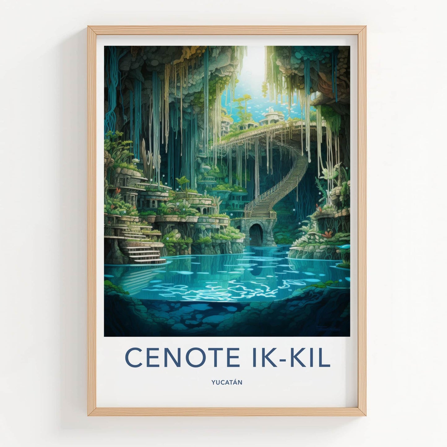 Cenote Ik-Kil Poster - Mexico Travel Art - Subterranean Lake Staircase Home Decor