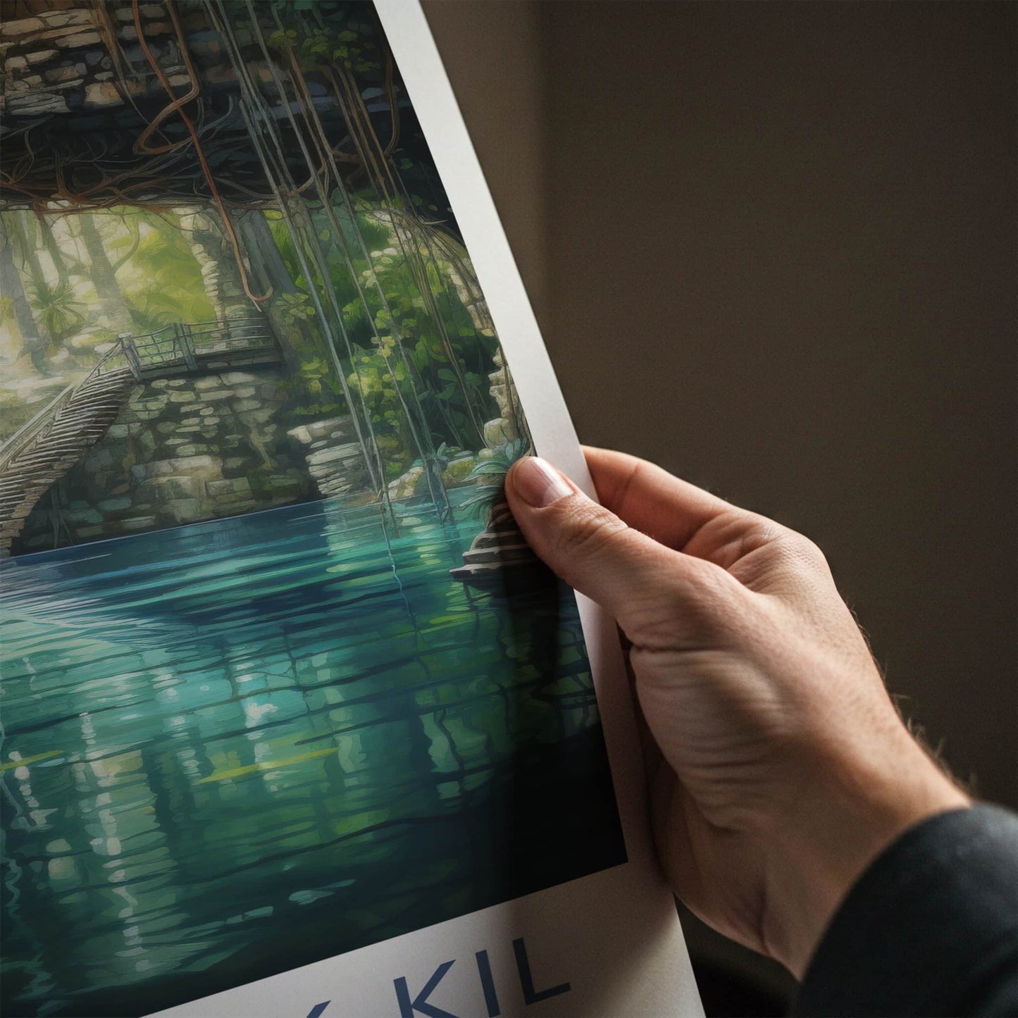 Cenote Ik-Kil Poster - Mexico Travel Art - Sunlit Cave Pool Home Decor