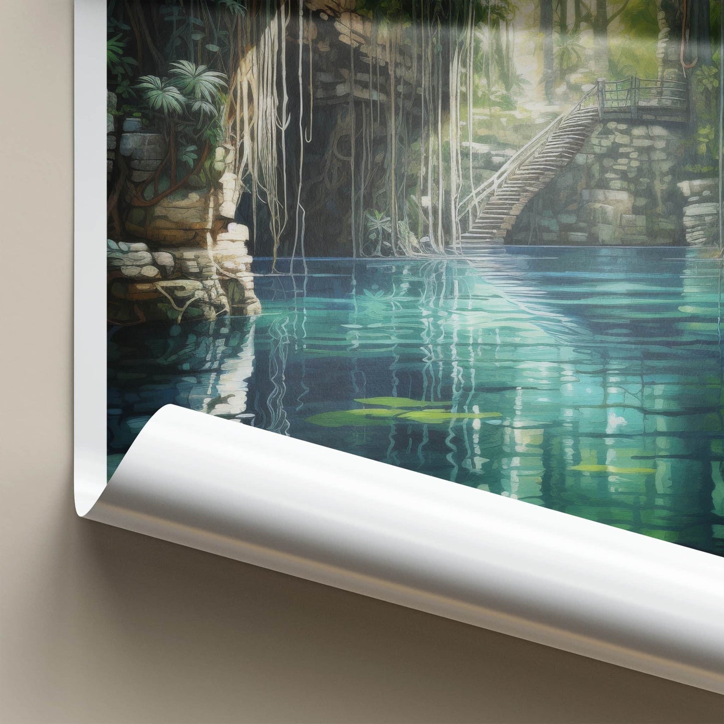 Cenote Ik-Kil Poster - Mexico Travel Art - Sunlit Cave Pool Home Decor