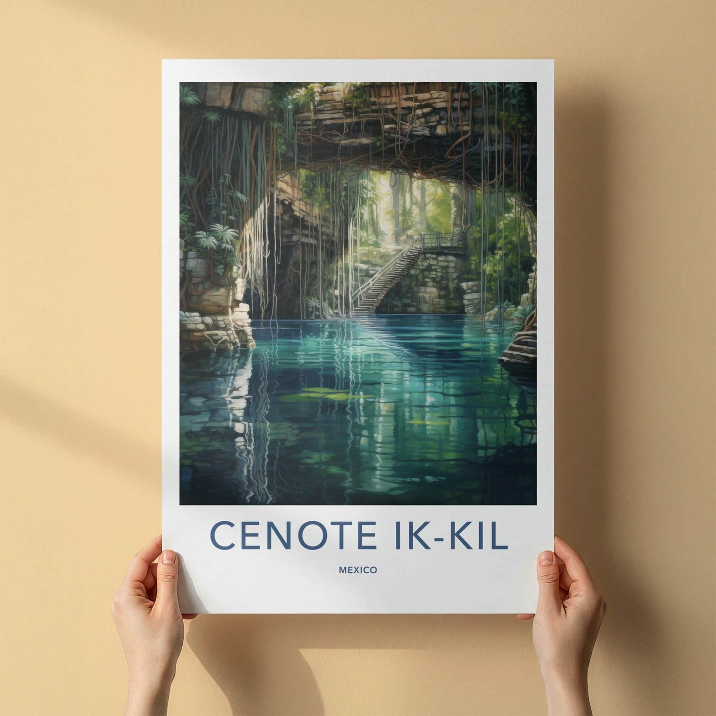 Cenote Ik-Kil Poster - Mexico Travel Art - Sunlit Cave Pool Home Decor