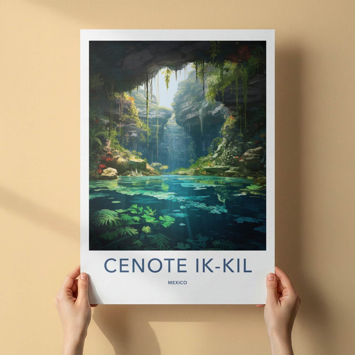 Cenote Ik-Kil Poster - Mexico Travel Art - Sunlit Cavern Pool Home Decor
