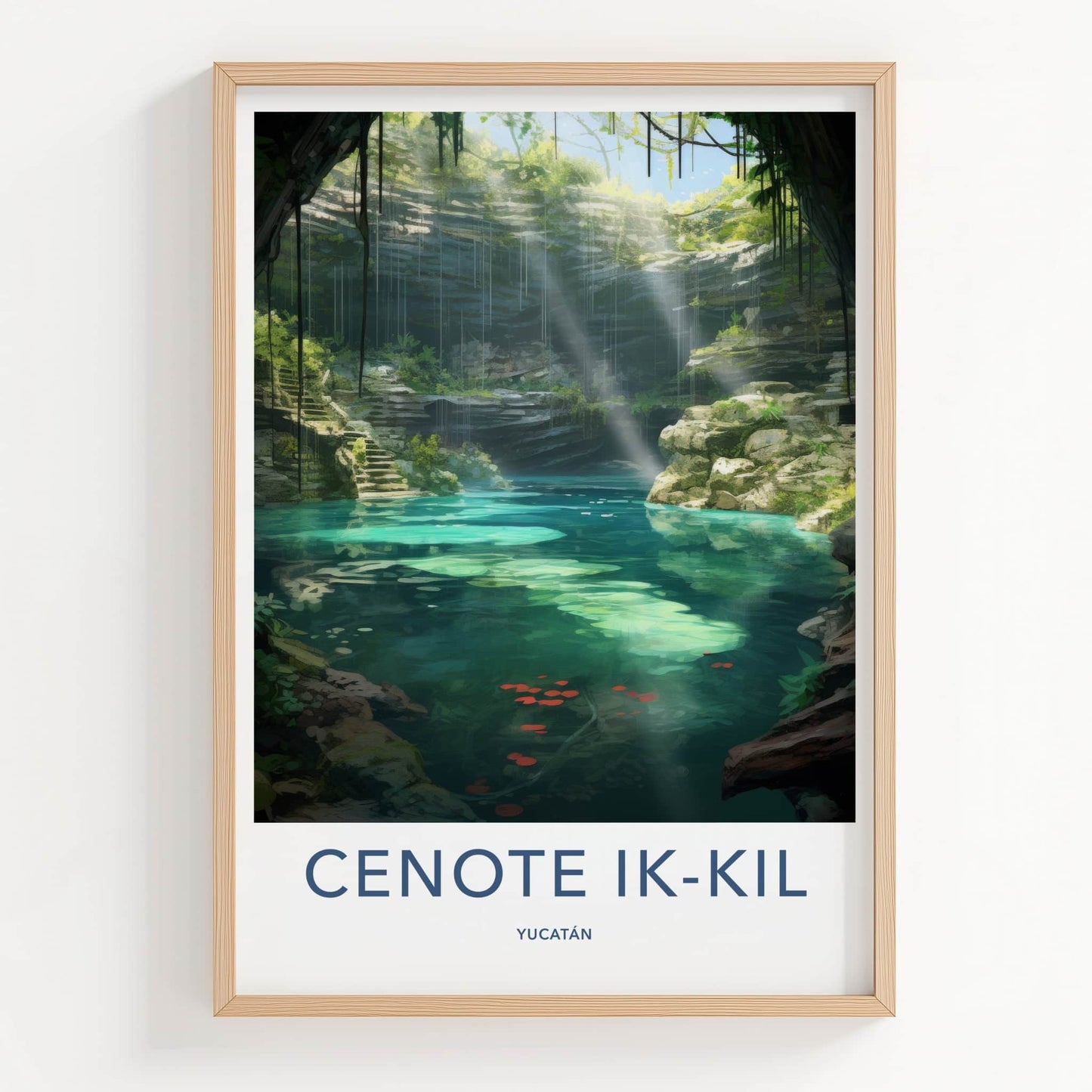 Cenote Ik-Kil Poster - Mexico Wall Art - Sunlit Water Steps Home Decor