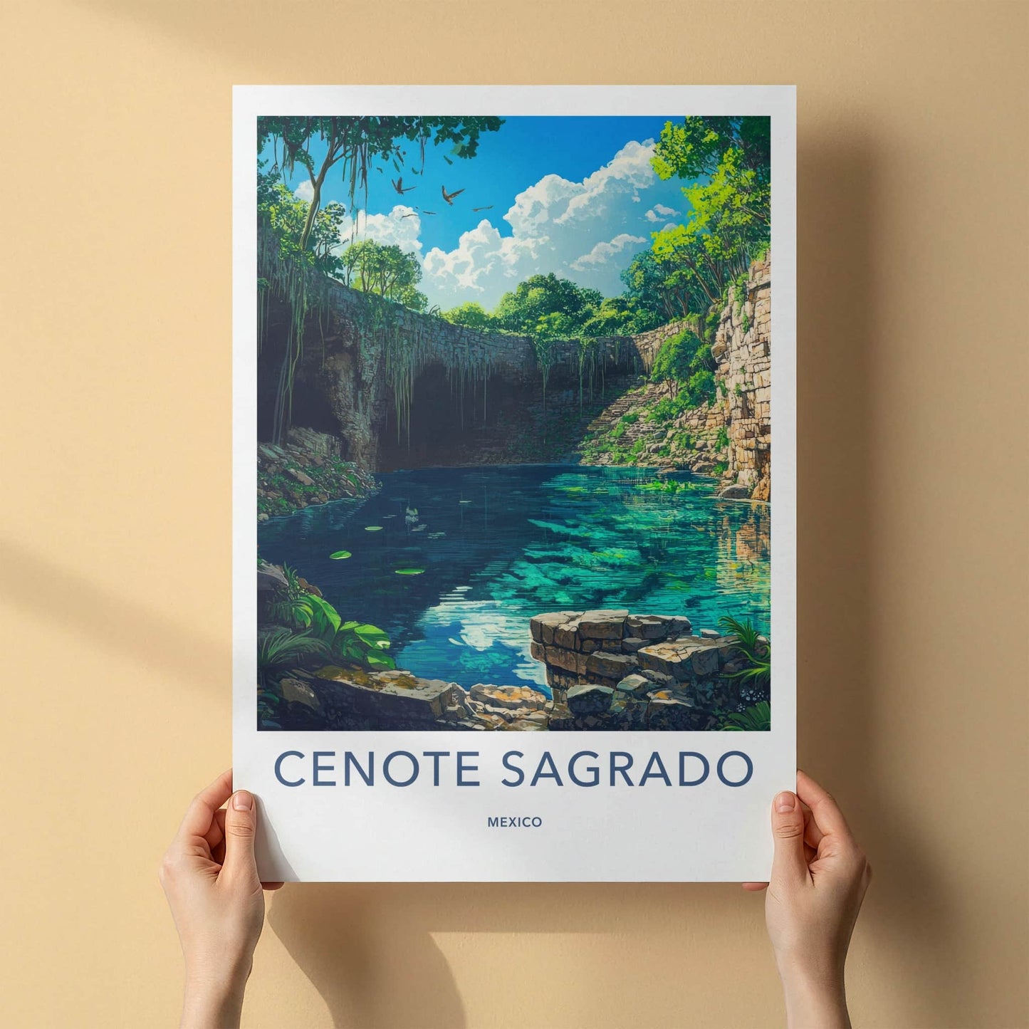 Cenote Sagrado Poster - Mexico Travel Art - Lush Jungle Sinkhole Home Decor