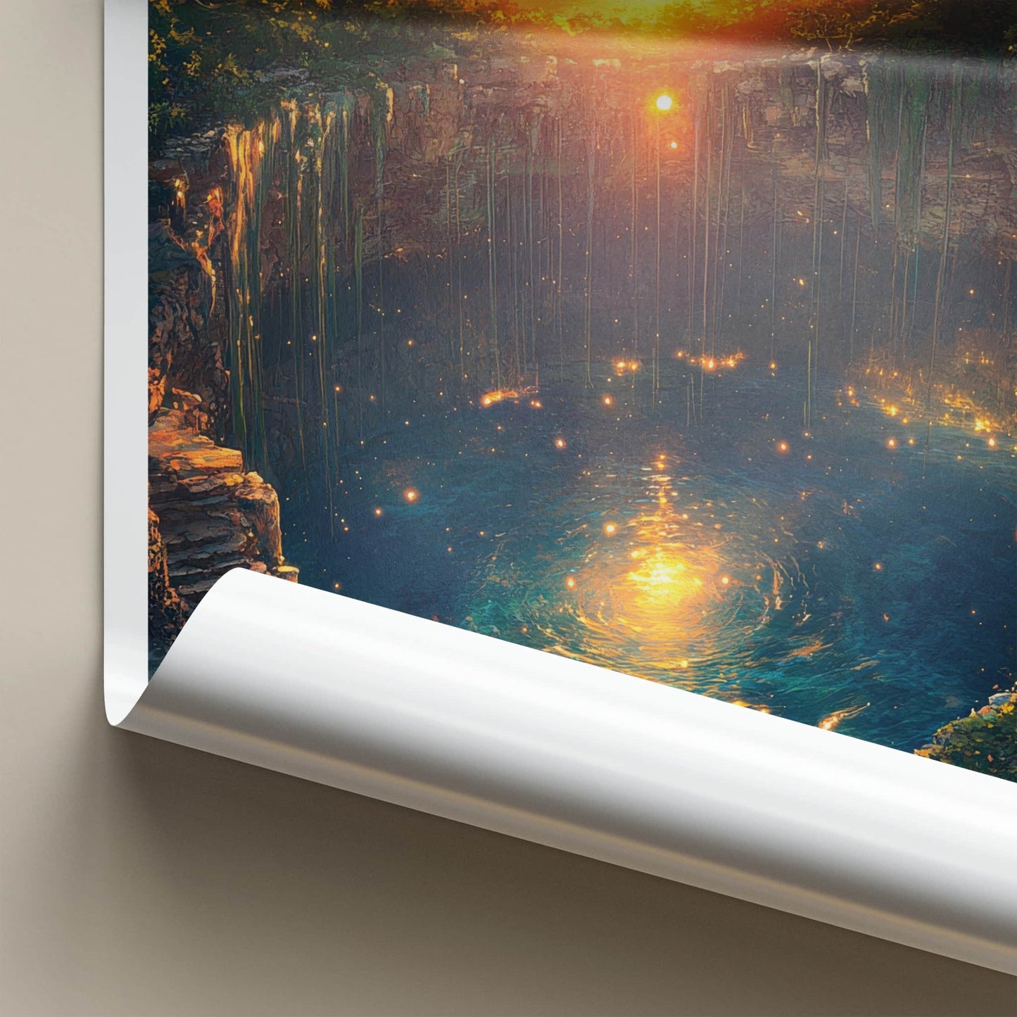 Cenote Sagrado Poster - Mexico Travel Art - Sunset Cenote Glow Home Decor