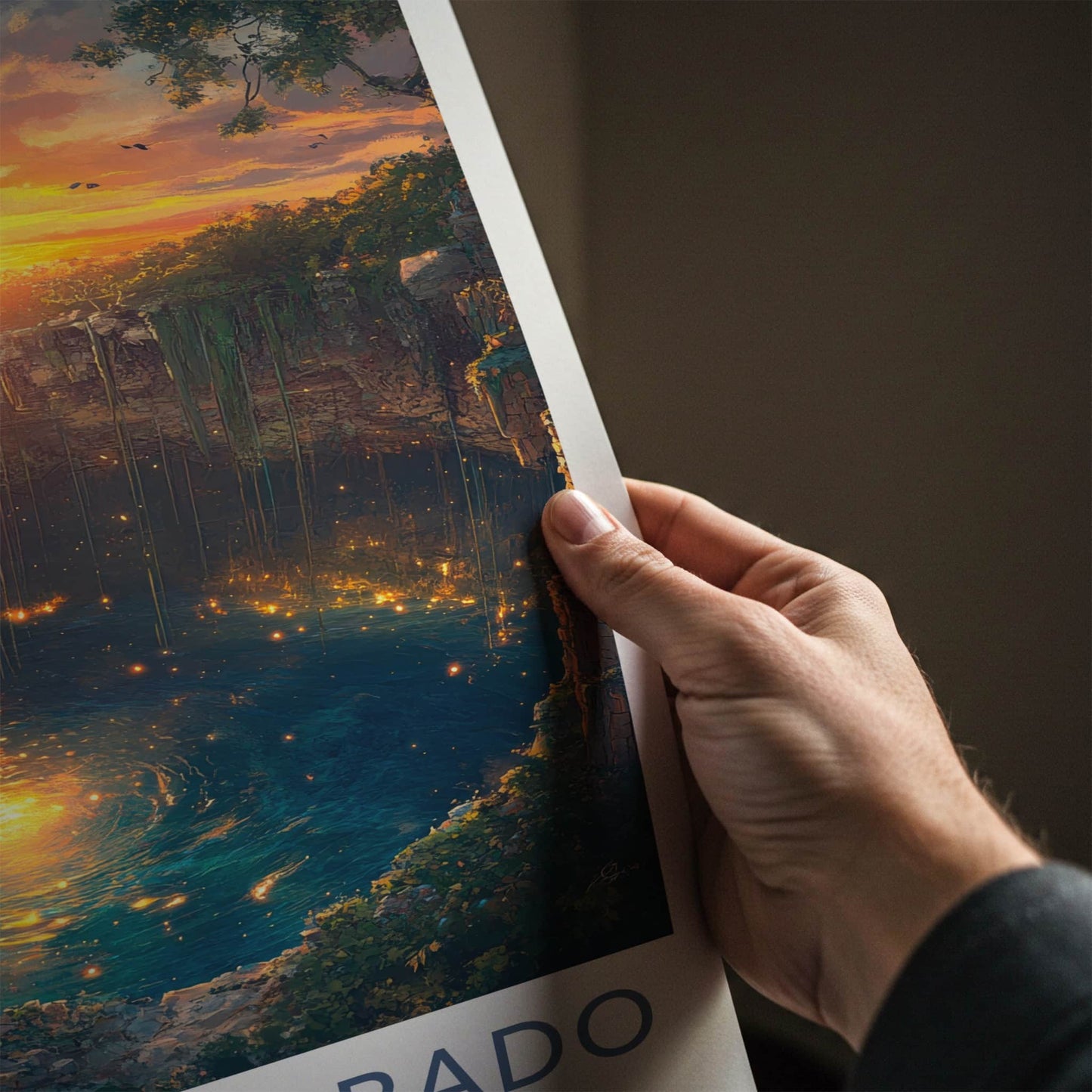 Cenote Sagrado Poster - Mexico Travel Art - Sunset Cenote Glow Home Decor