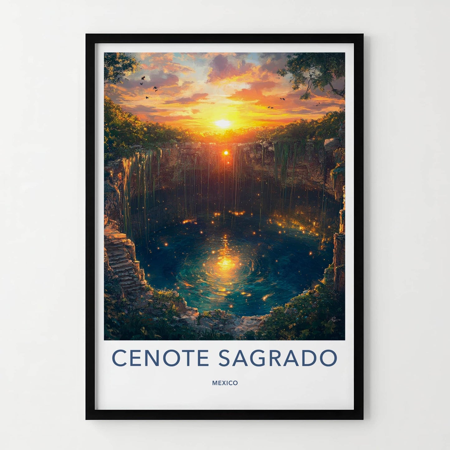 Cenote Sagrado Poster - Mexico Travel Art - Sunset Cenote Glow Home Decor
