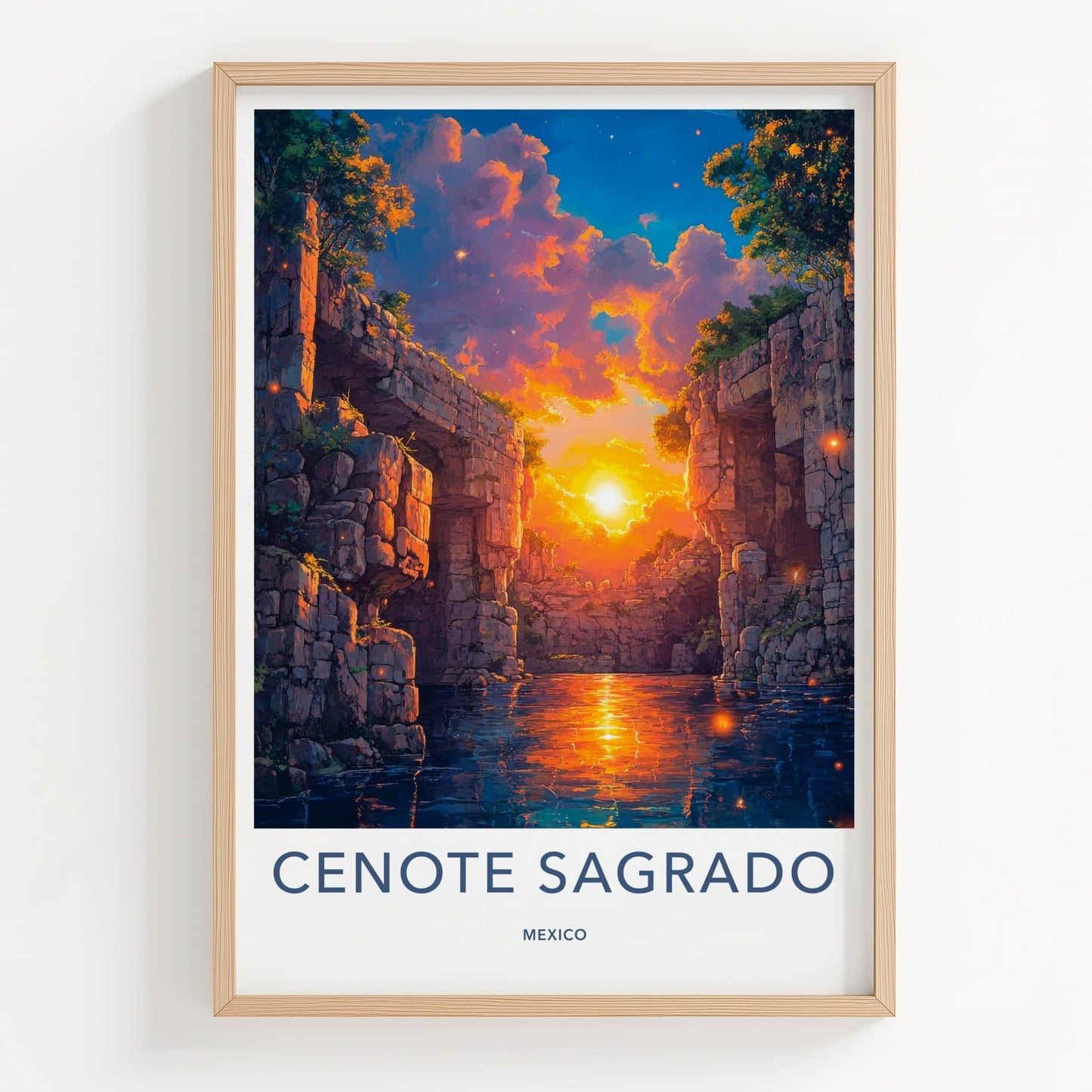 Cenote Sagrado Poster - Mexico Travel Art - Sunset Glowing Water Home Decor