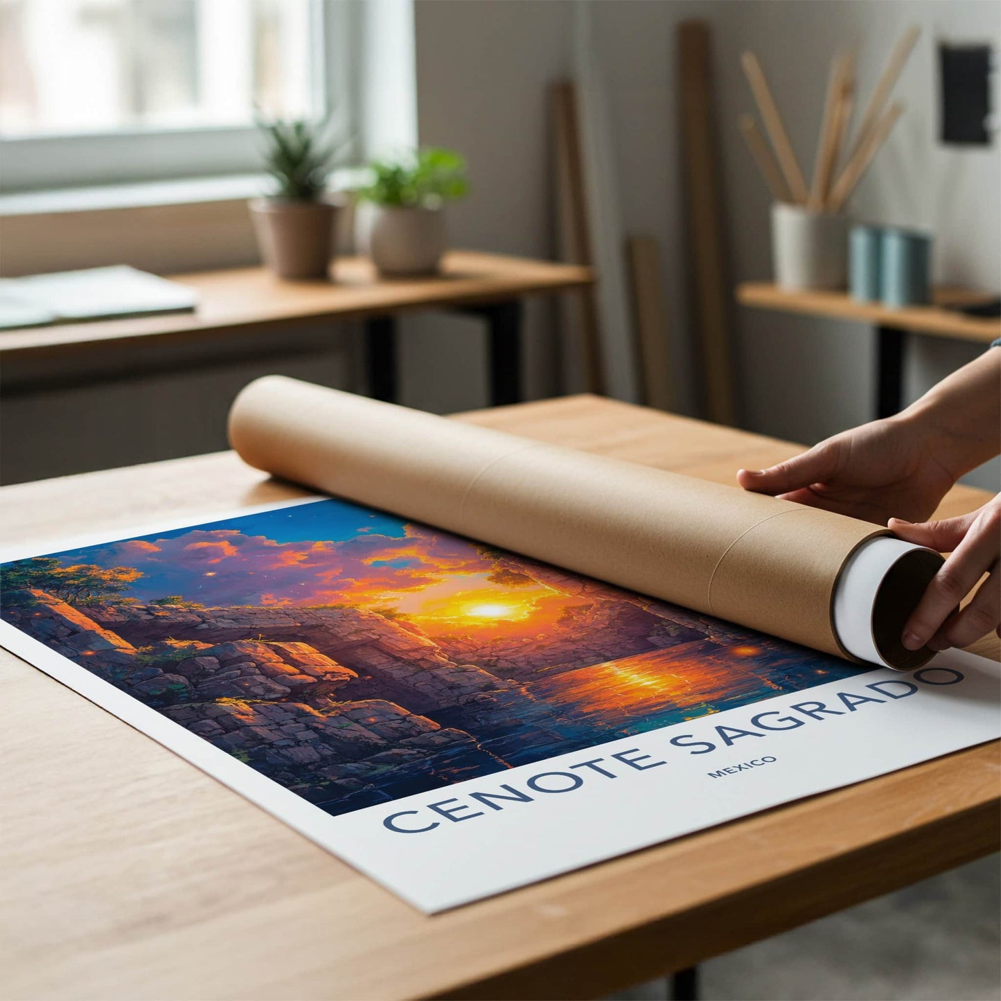 Cenote Sagrado Poster - Mexico Travel Art - Sunset Glowing Water Home Decor