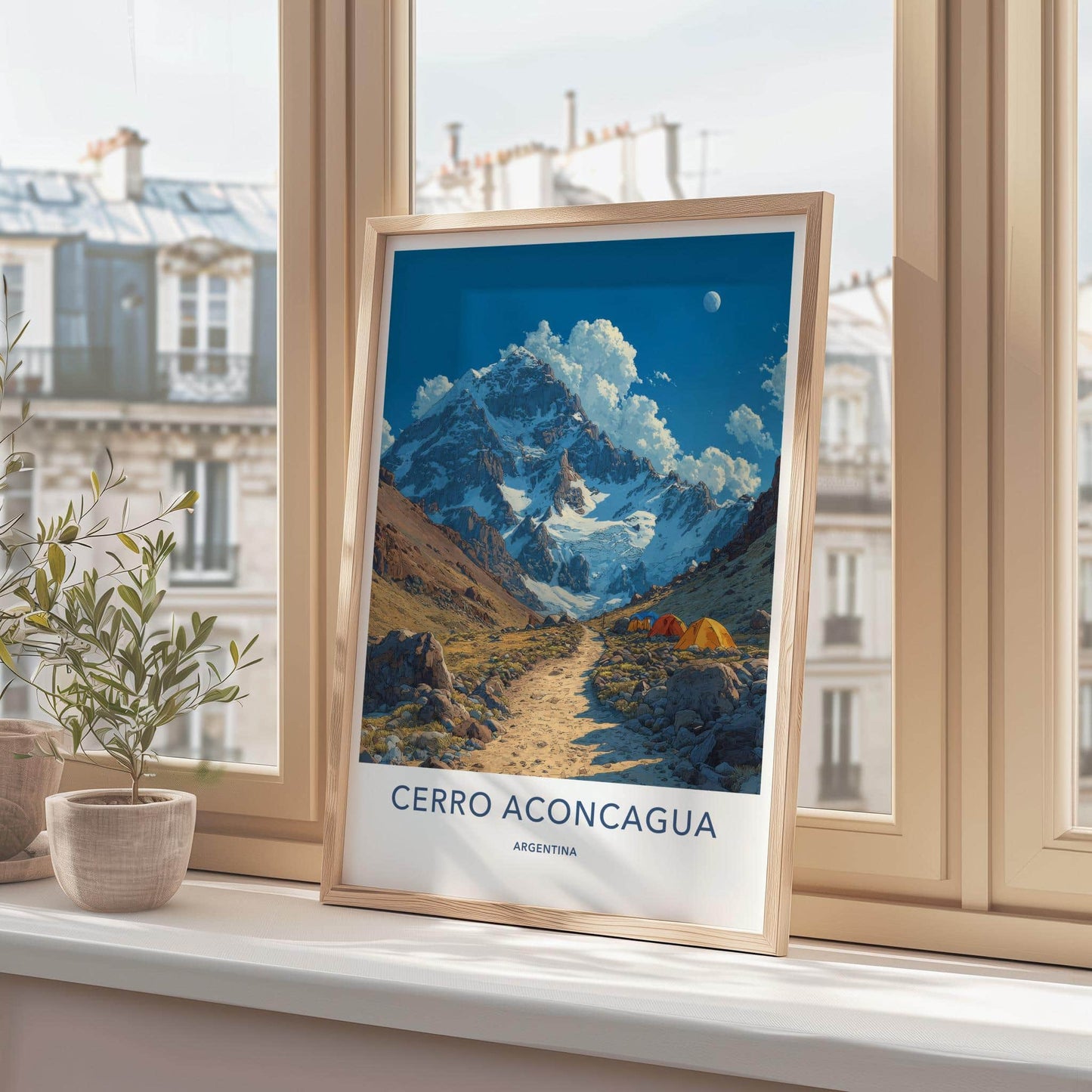Cerro Aconcagua Poster - Argentina Travel Art - Campsite Snowy Peaks Home Decor