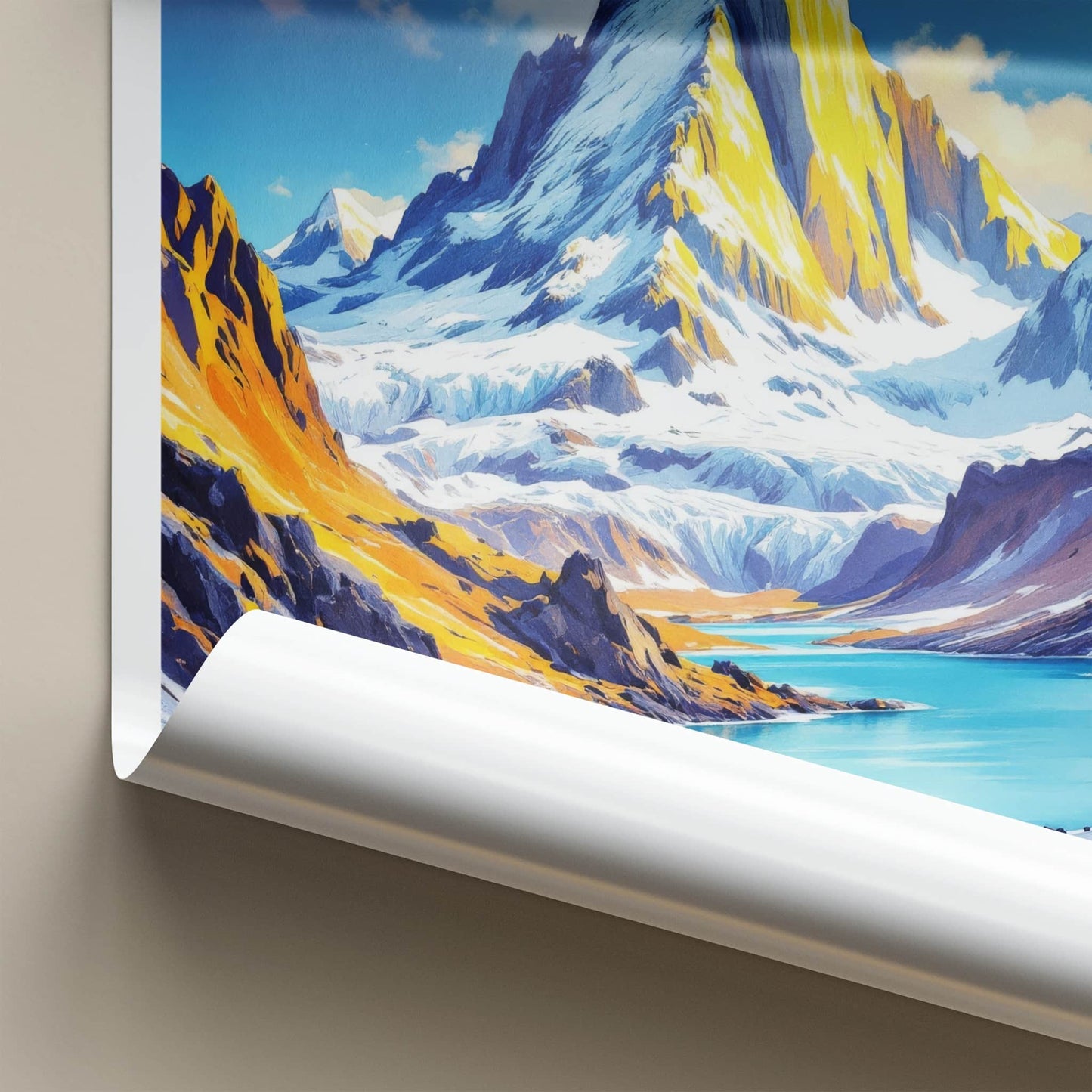 Cerro Torre Poster - Argentina Travel Art - Golden Peak Blue Lake Home Decor