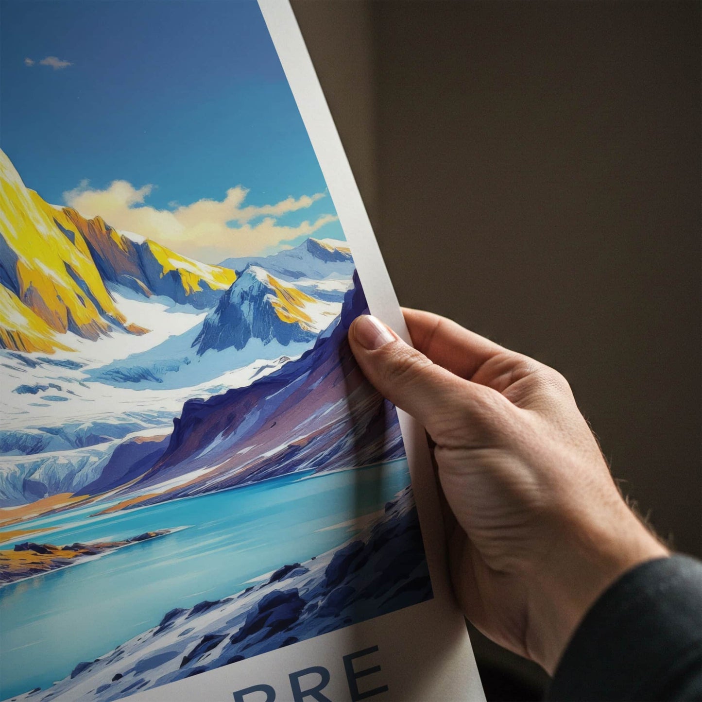 Cerro Torre Poster - Argentina Travel Art - Golden Peak Blue Lake Home Decor