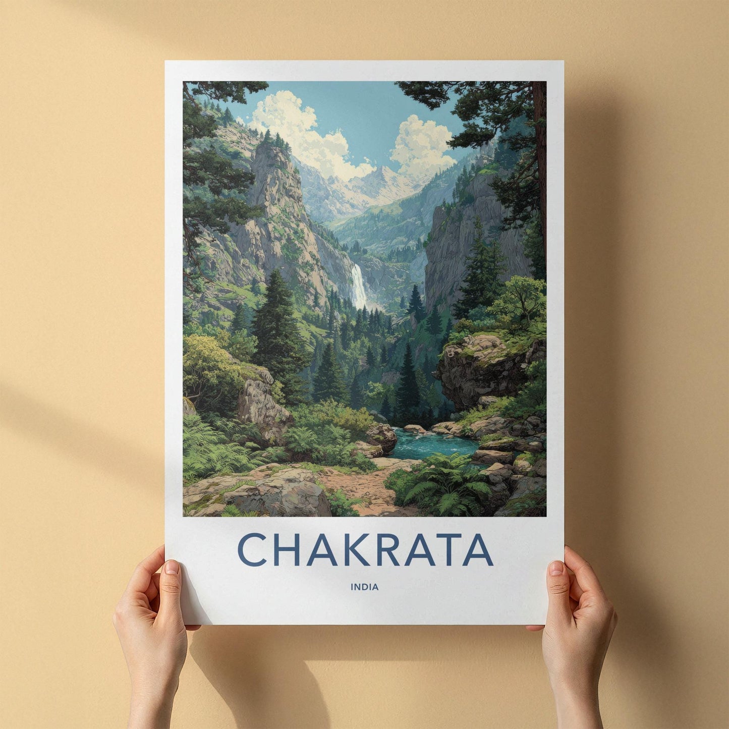 Chakrata Poster - India Travel Art - Uttarakhand Lush Valley Waterfall Wall Decor