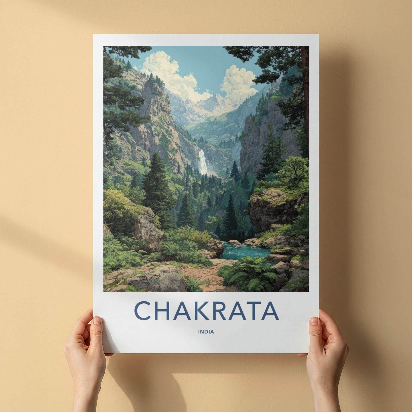 Chakrata Poster - India Travel Art - Uttarakhand Lush Valley Waterfall Wall Decor