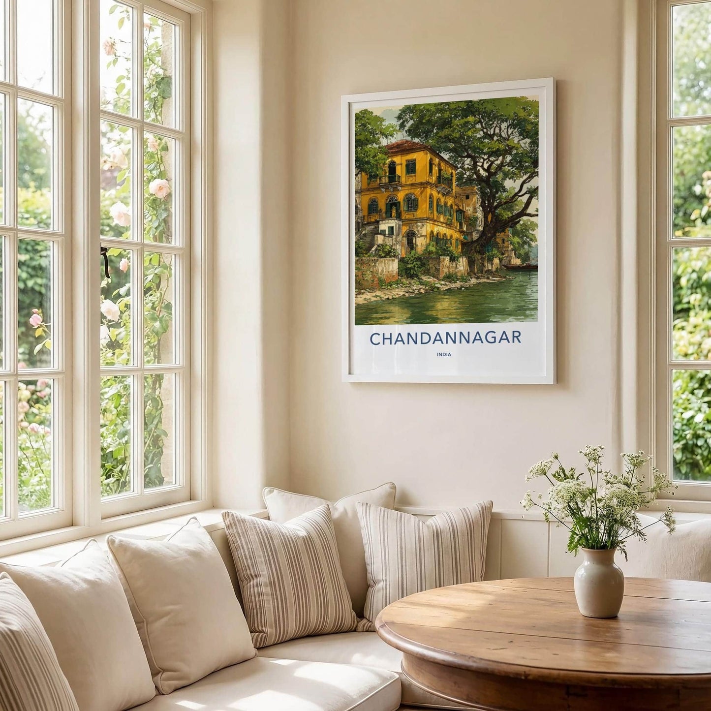 Chandannagar Poster - India Travel Print - West Bengal Yellow colonial river Wall Decor