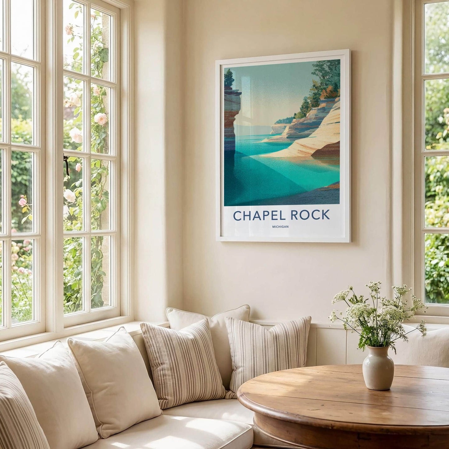 Chapel Rock Poster - Michigan Scenic Art - Layered Cliffs Shore Room Decor