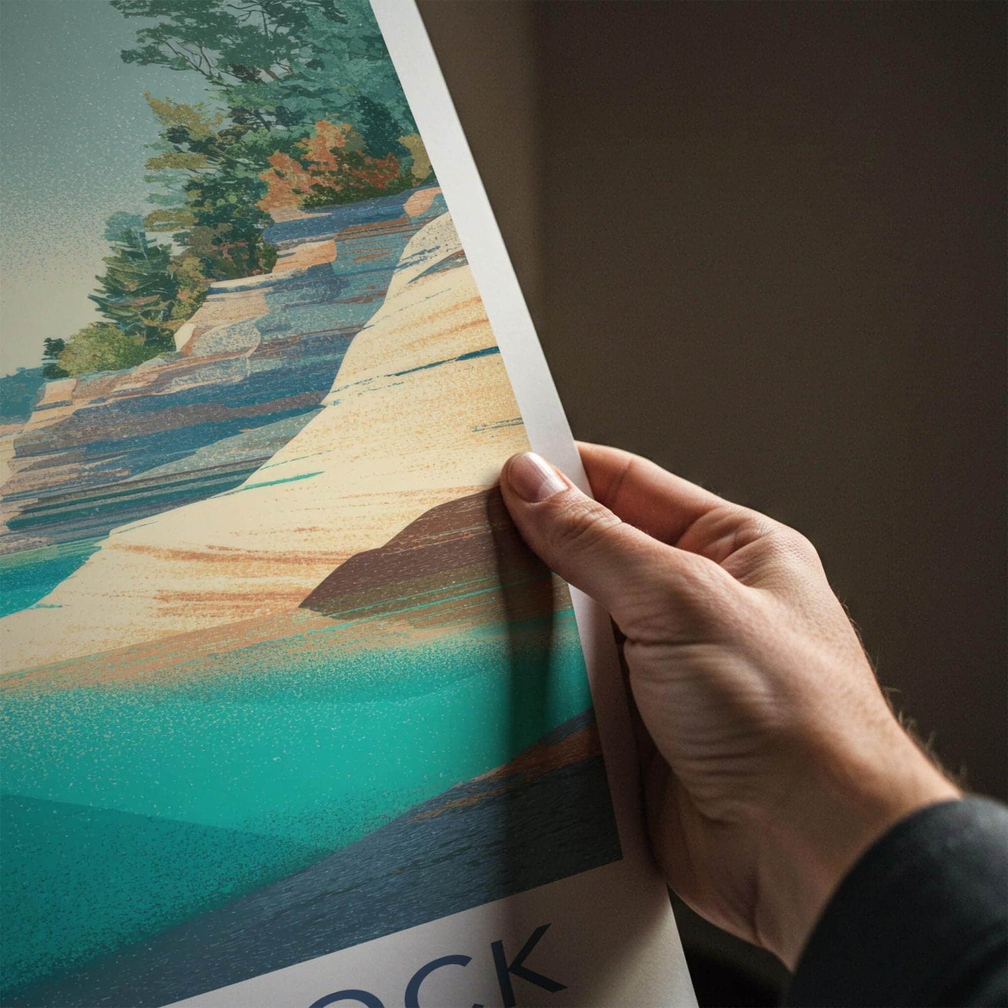 Chapel Rock Poster - Michigan Scenic Art - Layered Cliffs Shore Room Decor