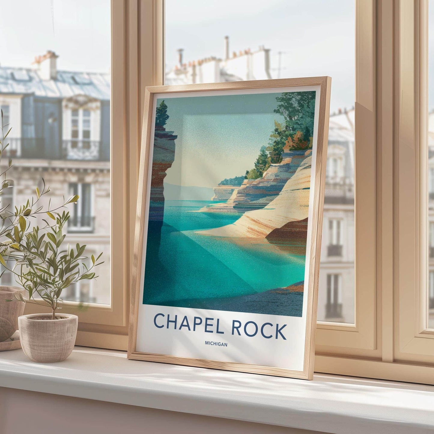 Chapel Rock Poster - Michigan Scenic Art - Layered Cliffs Shore Room Decor