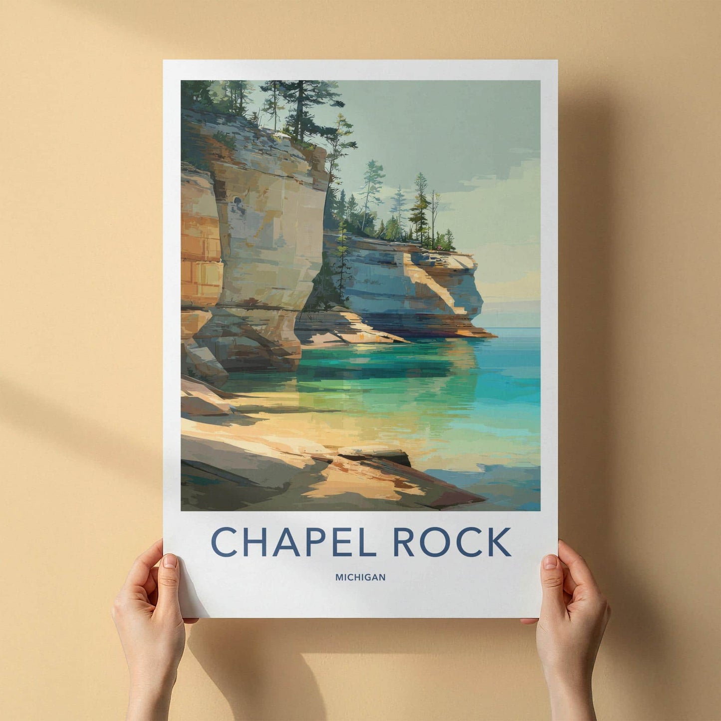 Chapel Rock Poster - Michigan Travel Art - Pine Tree Cliffs Wall Decor
