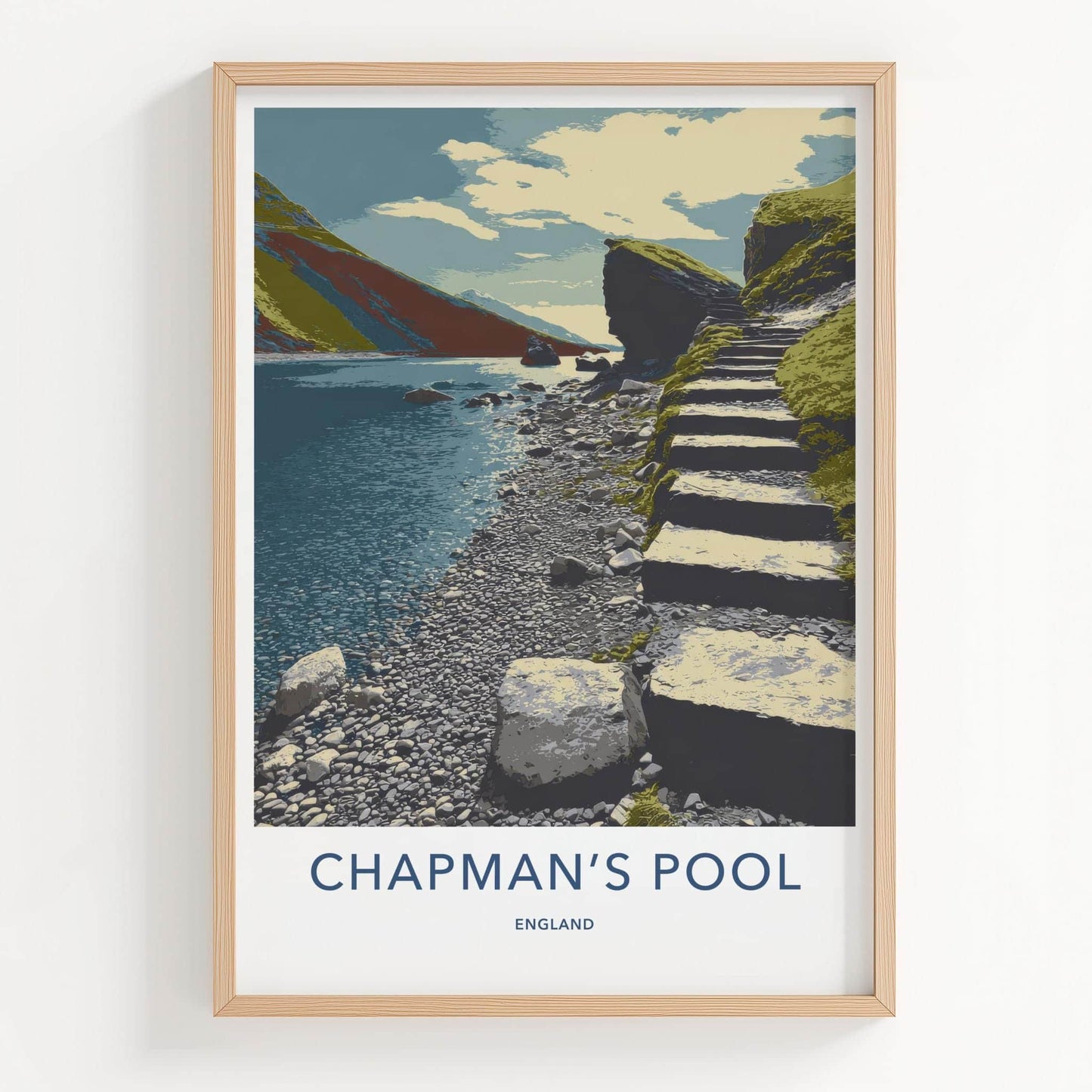 Chapman's Pool Poster - England Travel Art - Stone Steps Lake Wall Decor