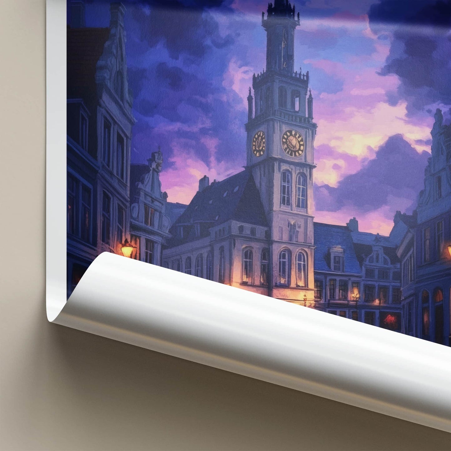 Charleroi Poster - Belgium Travel Art - Illuminated Clock Tower Home Decor