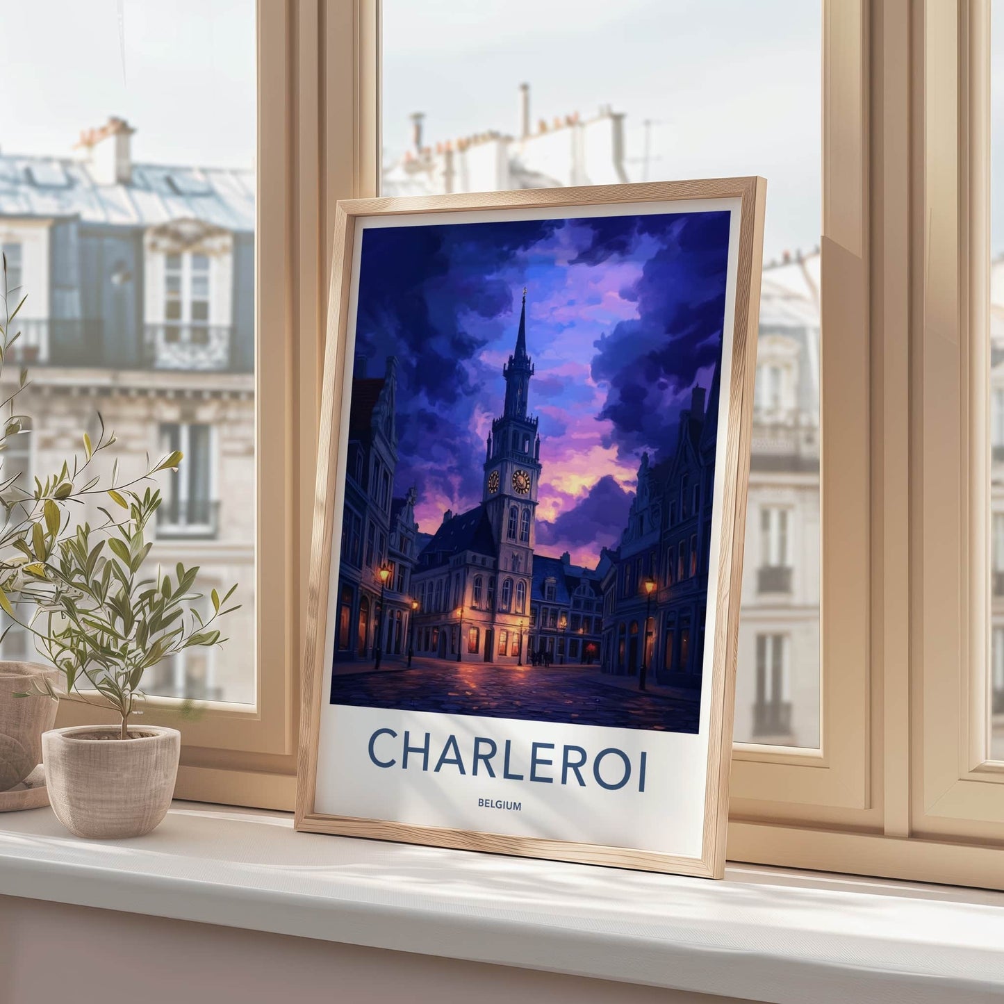 Charleroi Poster - Belgium Travel Art - Illuminated Clock Tower Home Decor