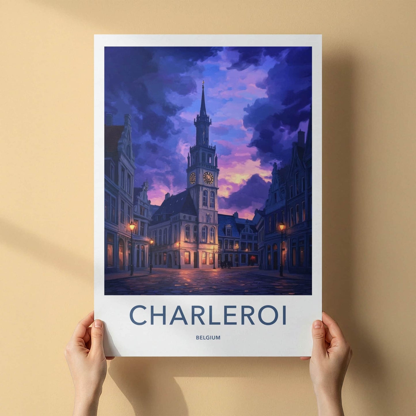 Charleroi Poster - Belgium Travel Art - Illuminated Clock Tower Home Decor