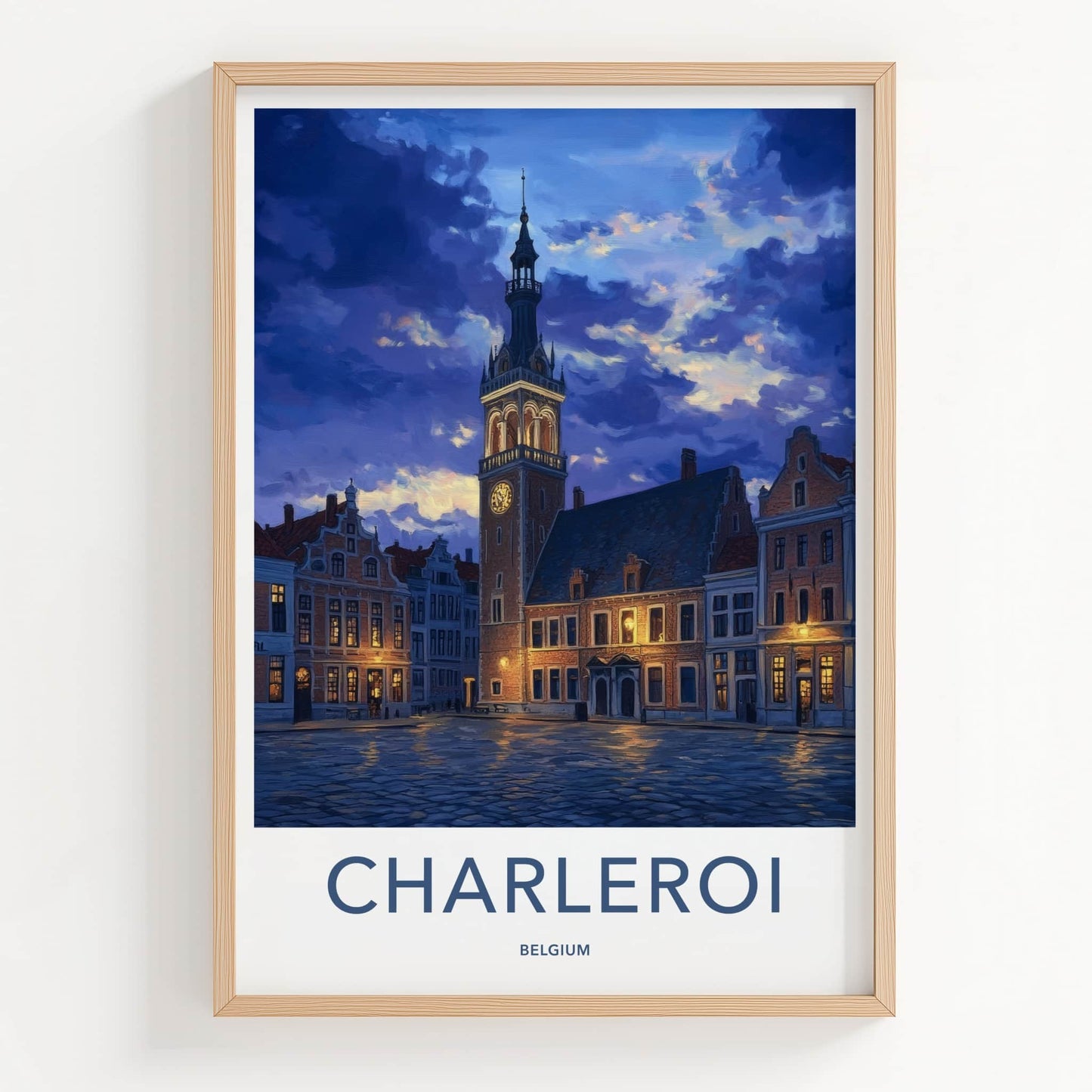 Charleroi Poster - Belgium Travel Art - Twilight Square Tower Home Decor