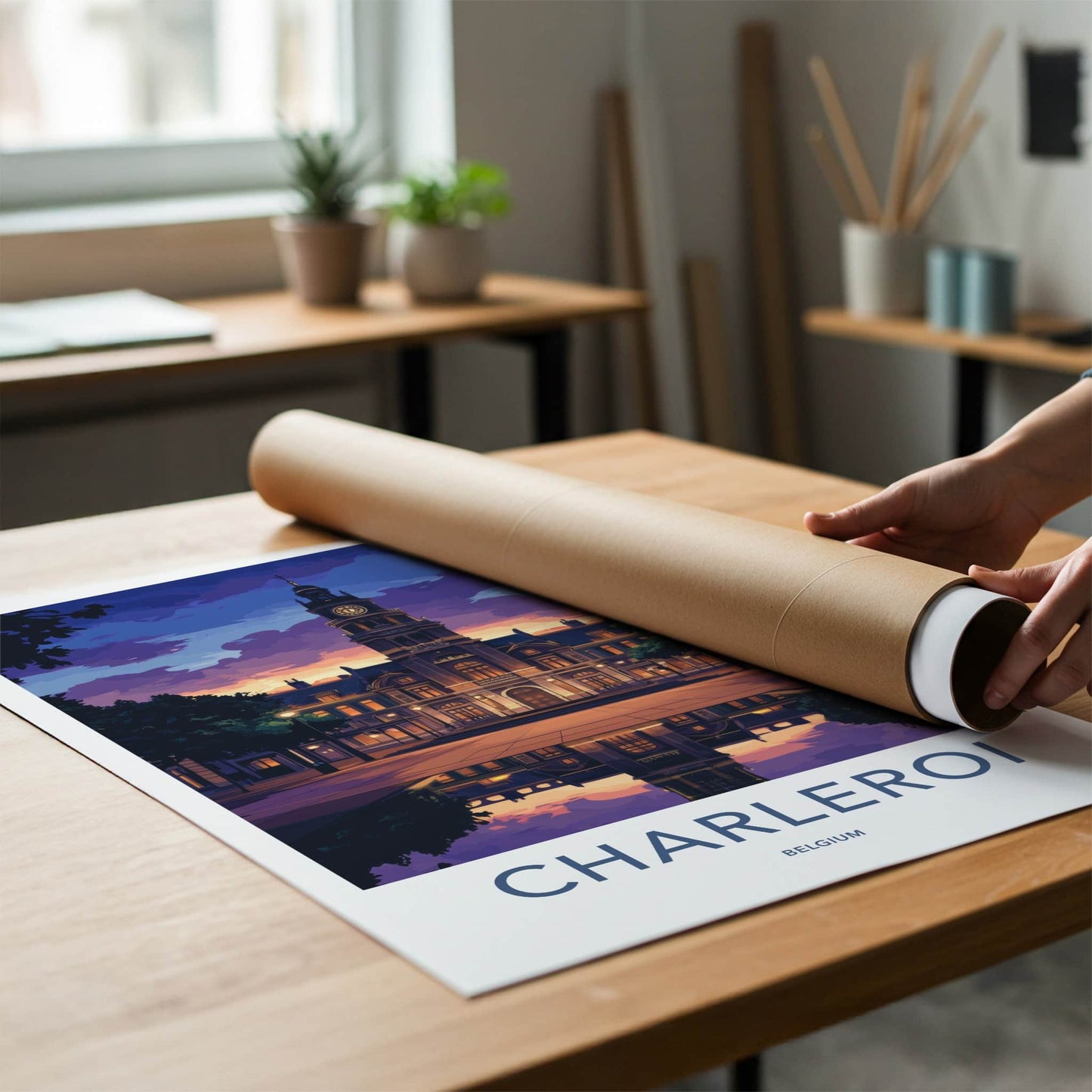 Charleroi Poster - Belgium Wall Art - Dusk Building Reflection Home Decor