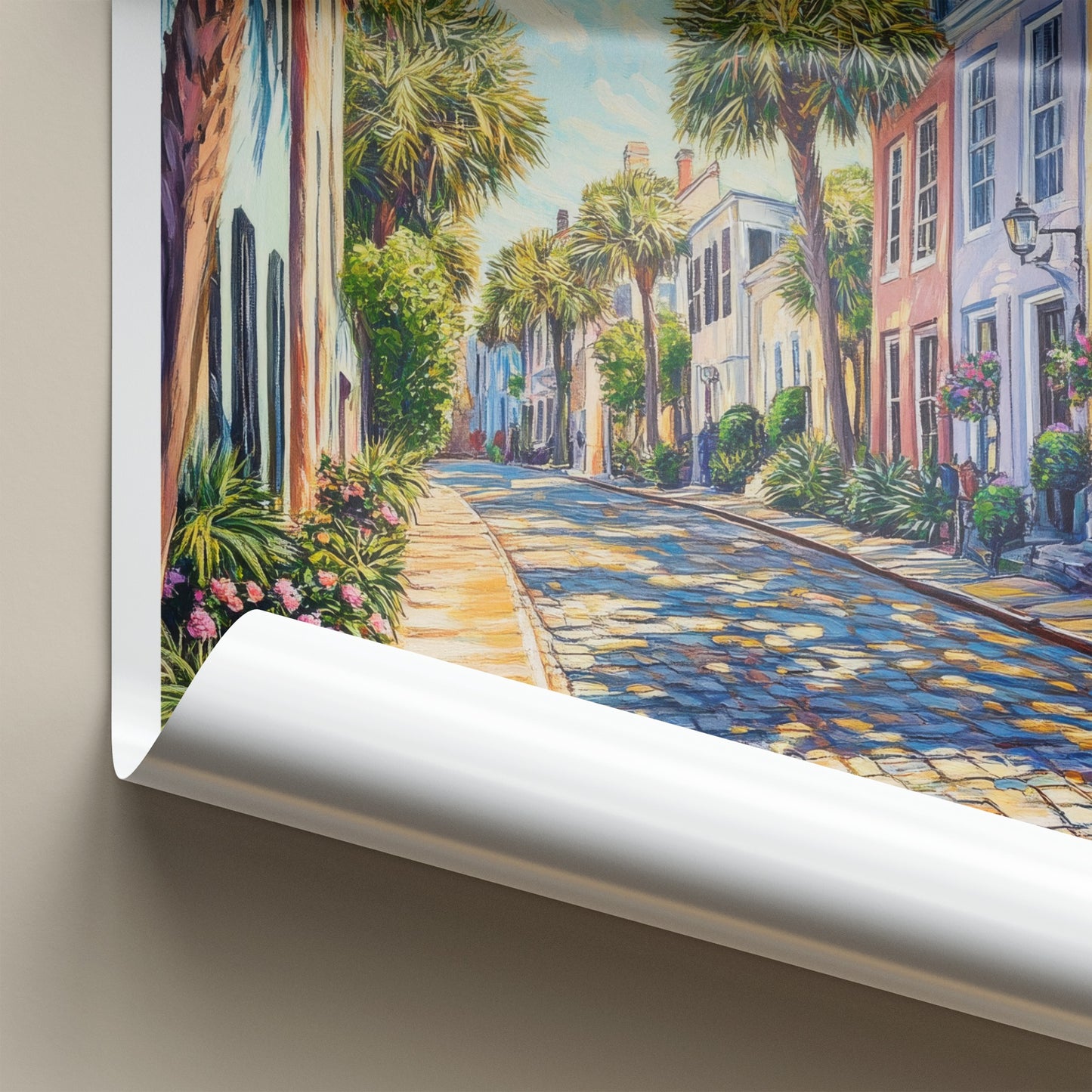 Charleston Poster - South Carolina Art Print - Sunlit Cobblestone Lane Home Decor