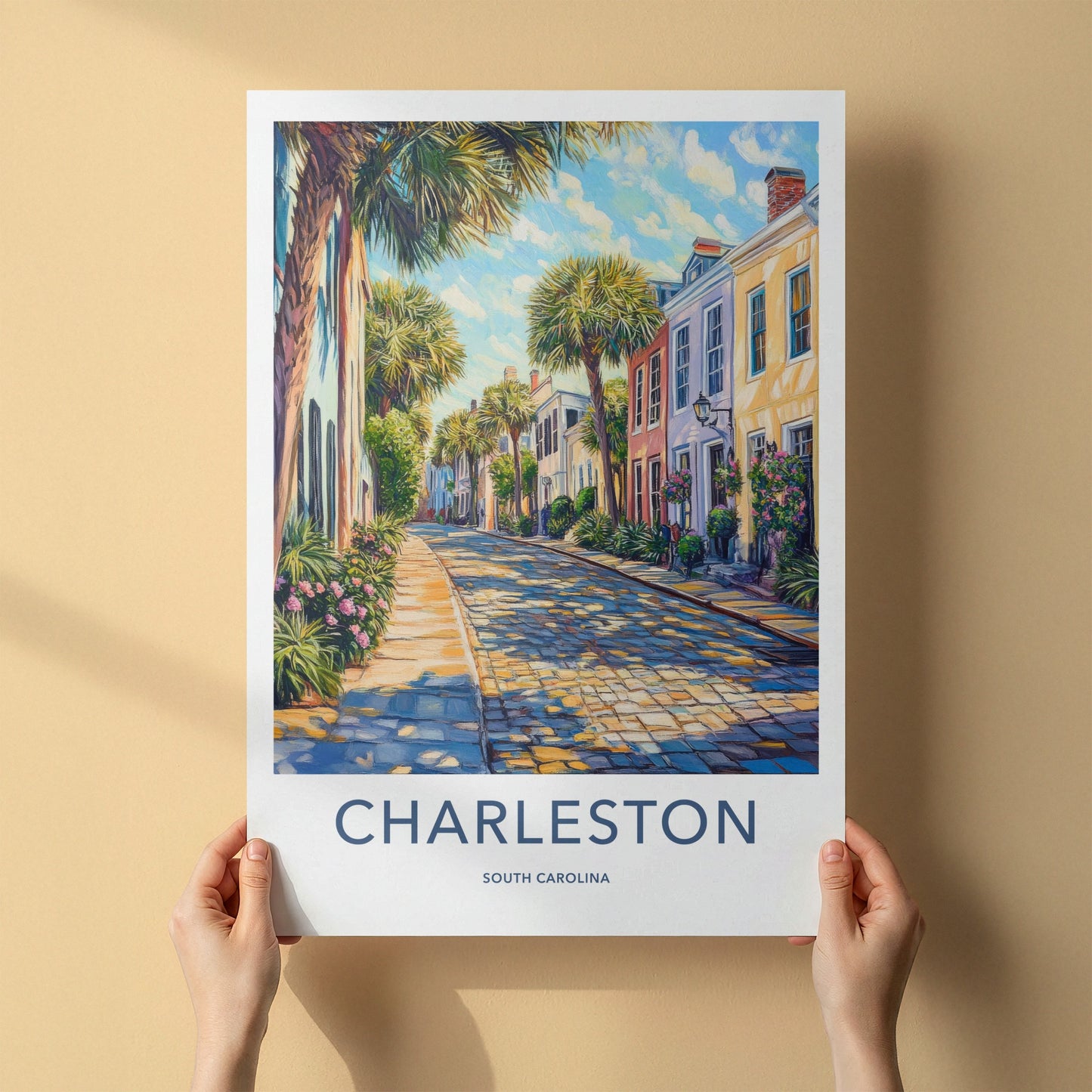 Charleston Poster - South Carolina Art Print - Sunlit Cobblestone Lane Home Decor