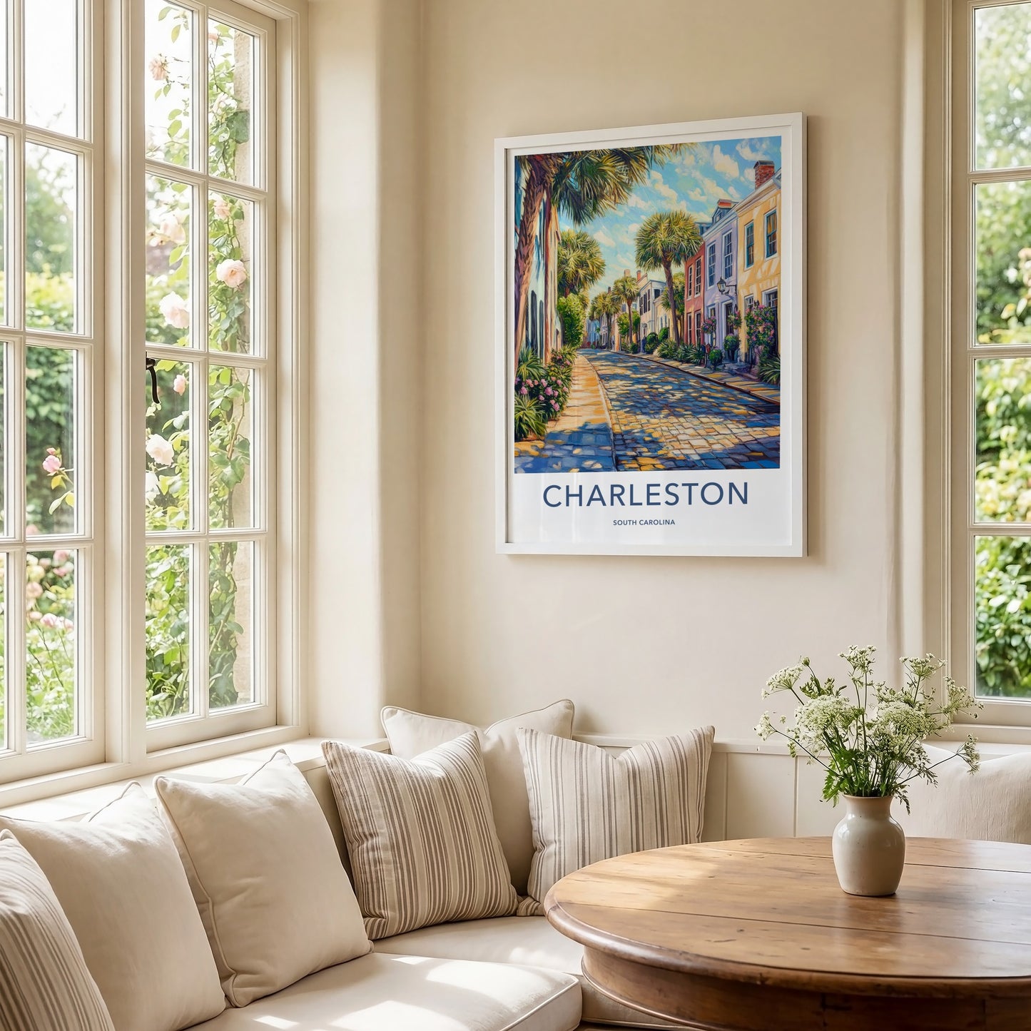 Charleston Poster - South Carolina Art Print - Sunlit Cobblestone Lane Home Decor