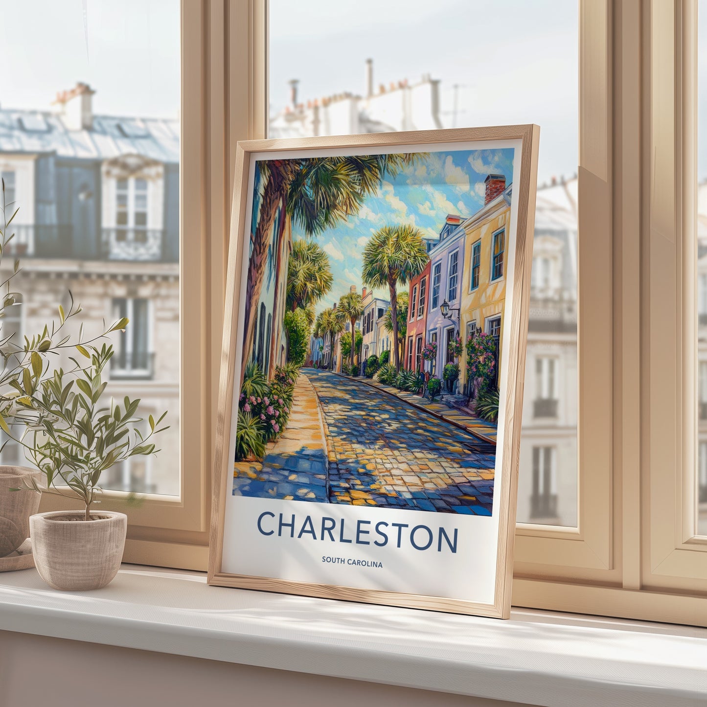 Charleston Poster - South Carolina Art Print - Sunlit Cobblestone Lane Home Decor