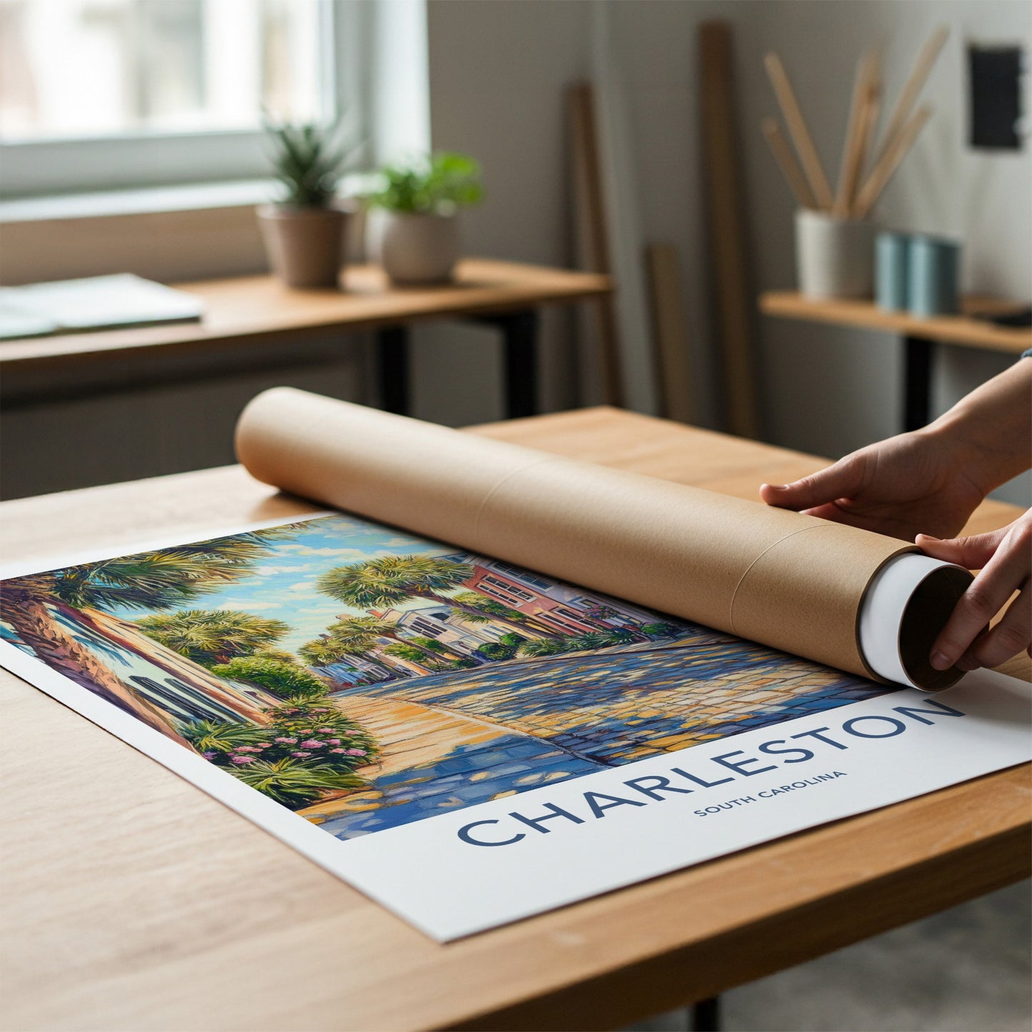 Charleston Poster - South Carolina Art Print - Sunlit Cobblestone Lane Home Decor