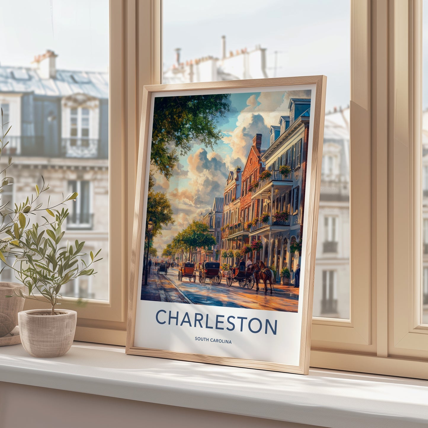 Charleston Poster - South Carolina Travel Art - Horse Drawn Carriages Home Decor