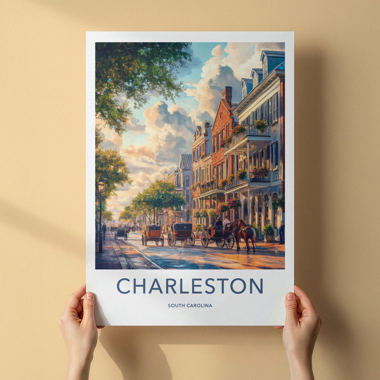 Charleston Poster - South Carolina Travel Art - Horse Drawn Carriages Home Decor