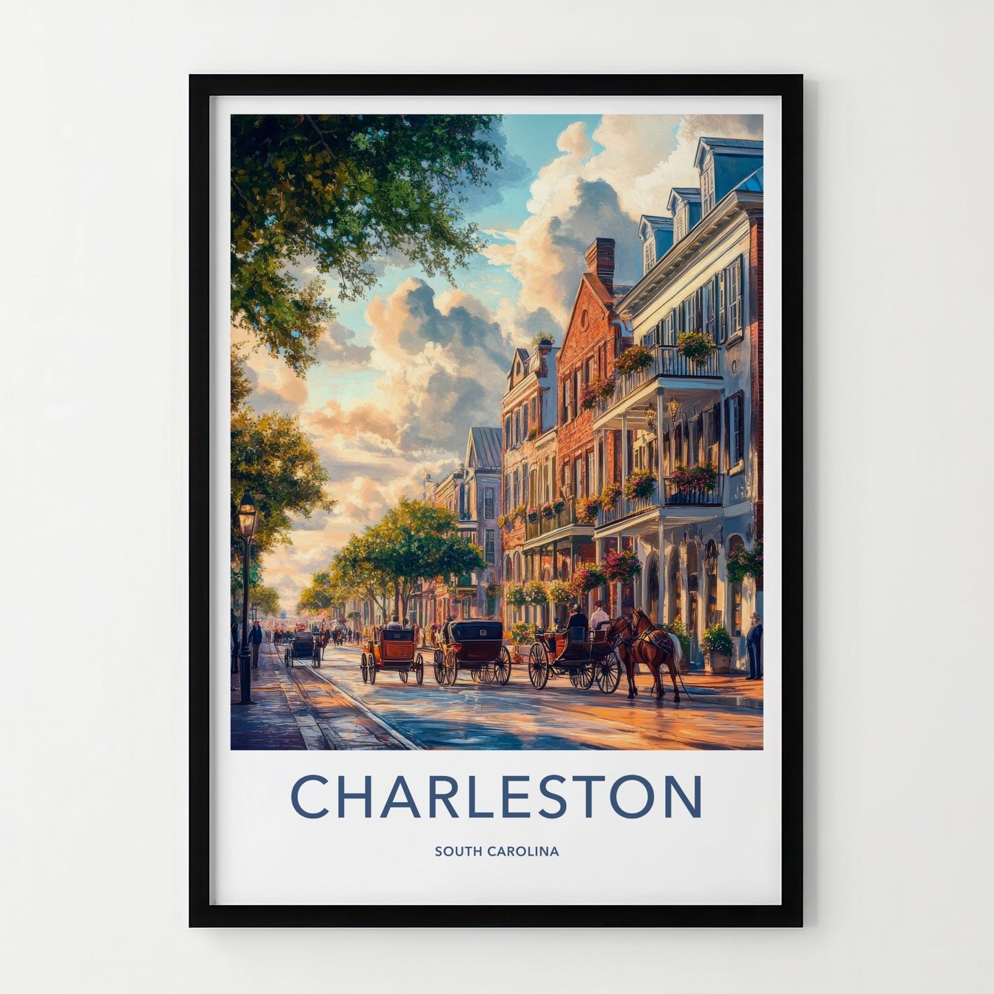 Charleston Poster - South Carolina Travel Art - Horse Drawn Carriages Home Decor