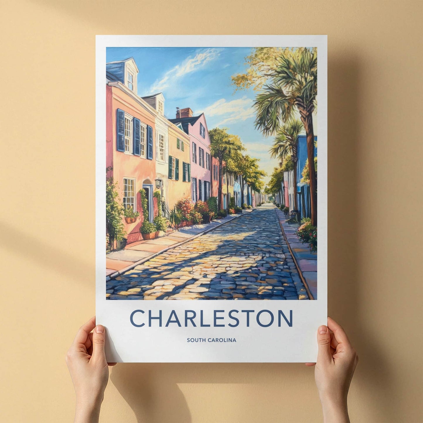 Charleston Poster - South Carolina Travel Art - Sunny Cobblestone Street Home Decor