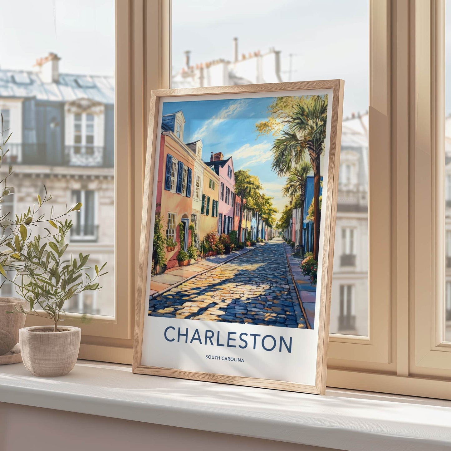 Charleston Poster - South Carolina Travel Art - Sunny Cobblestone Street Home Decor