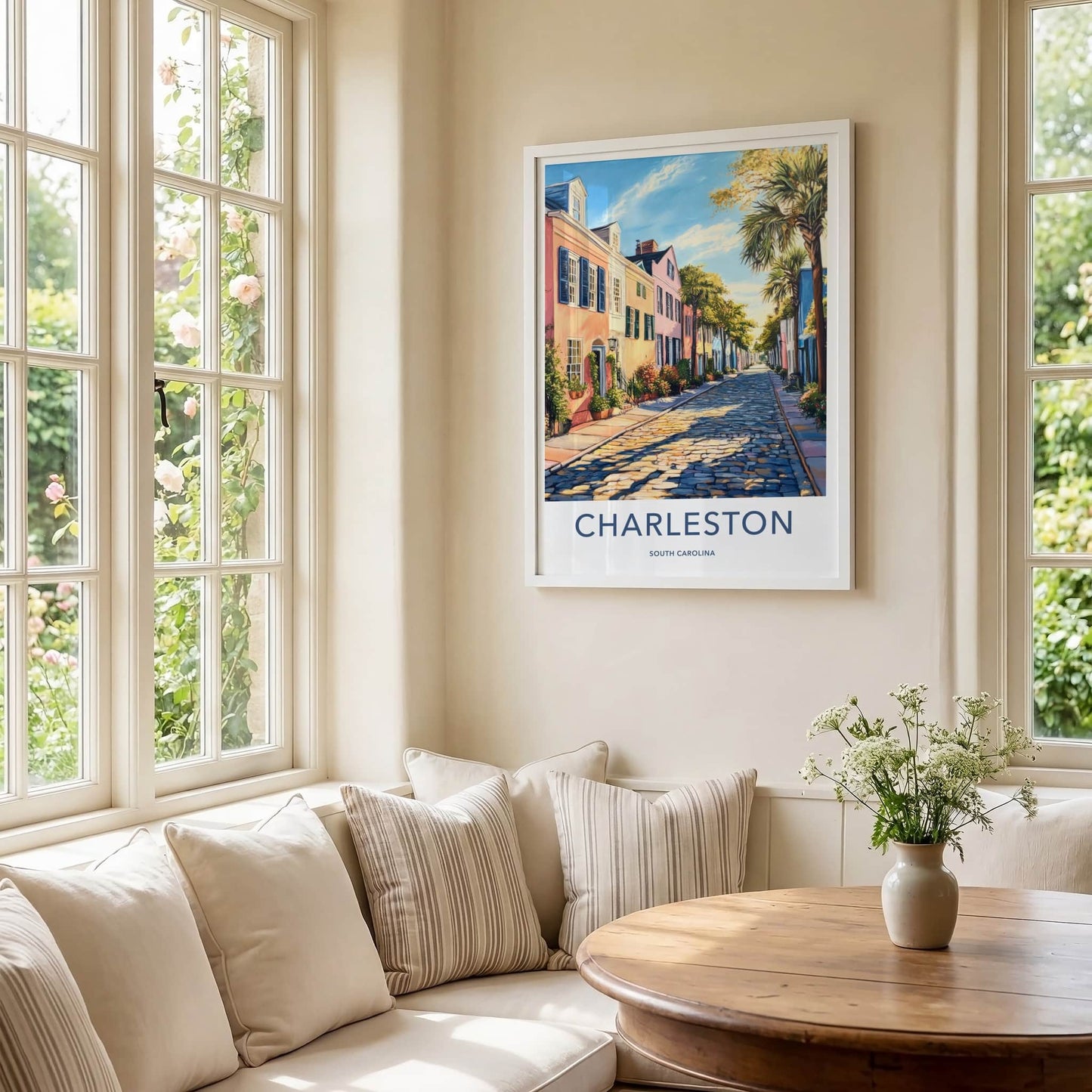 Charleston Poster - South Carolina Travel Art - Sunny Cobblestone Street Home Decor