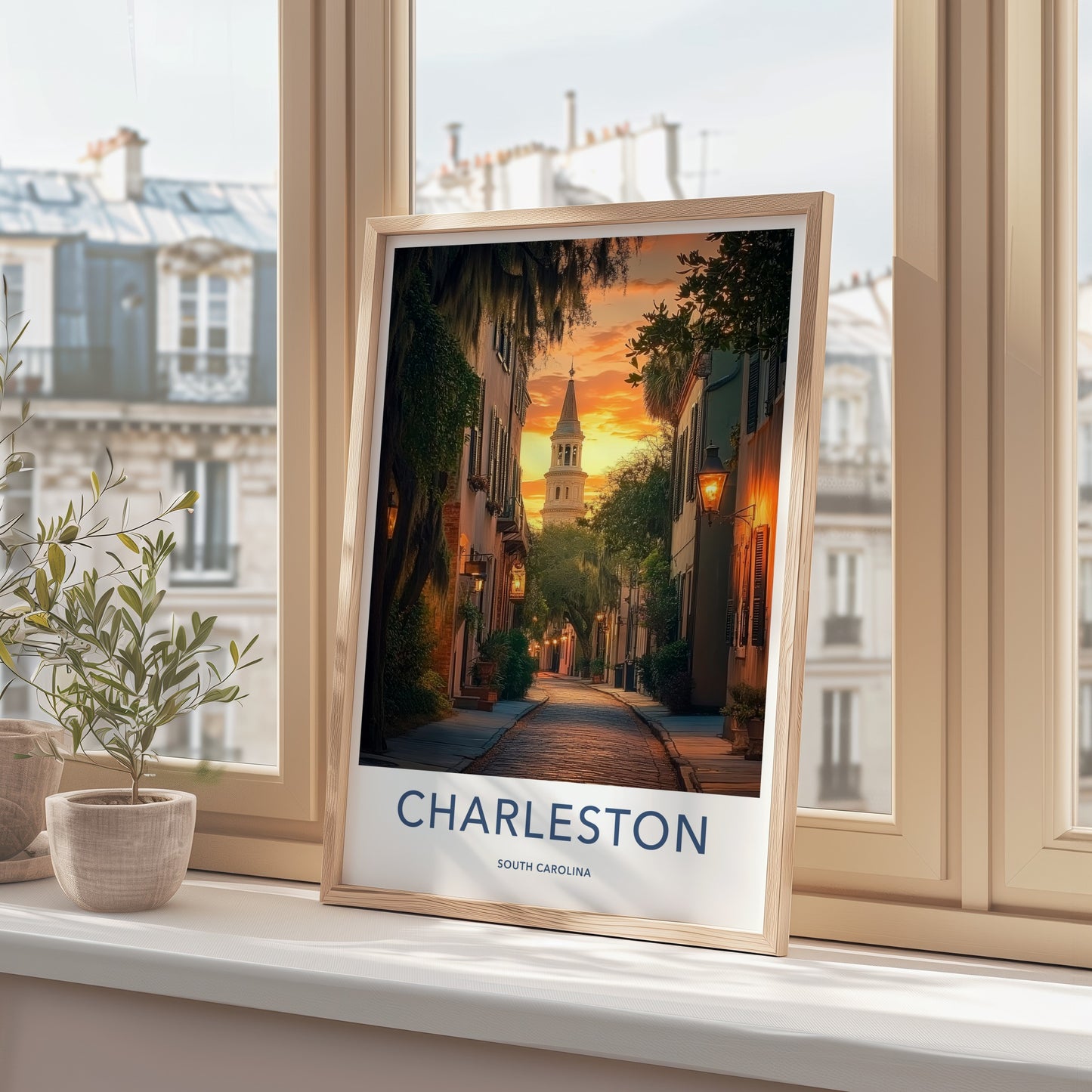 Charleston Poster - South Carolina Travel Art - Sunset Church Tower Home Decor