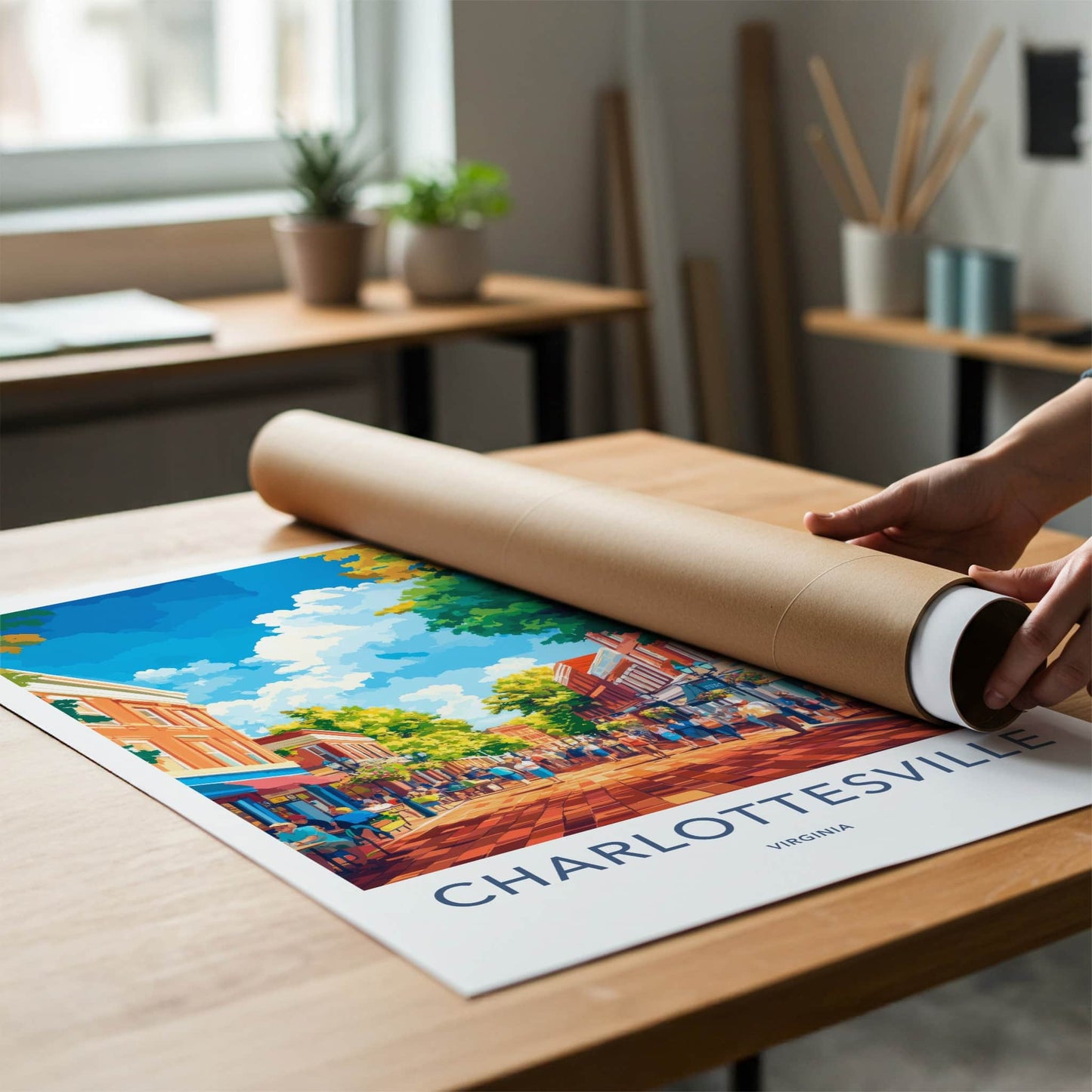 Charlottesville Poster - Virginia Wall Art - Sunny Downtown Street Home Decor