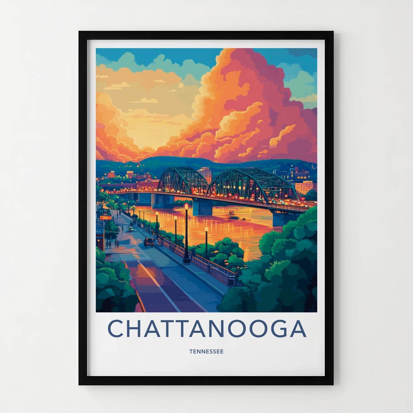 Chattanooga Poster - Tennessee Travel Art - Dramatic Sunset Bridge Home Decor